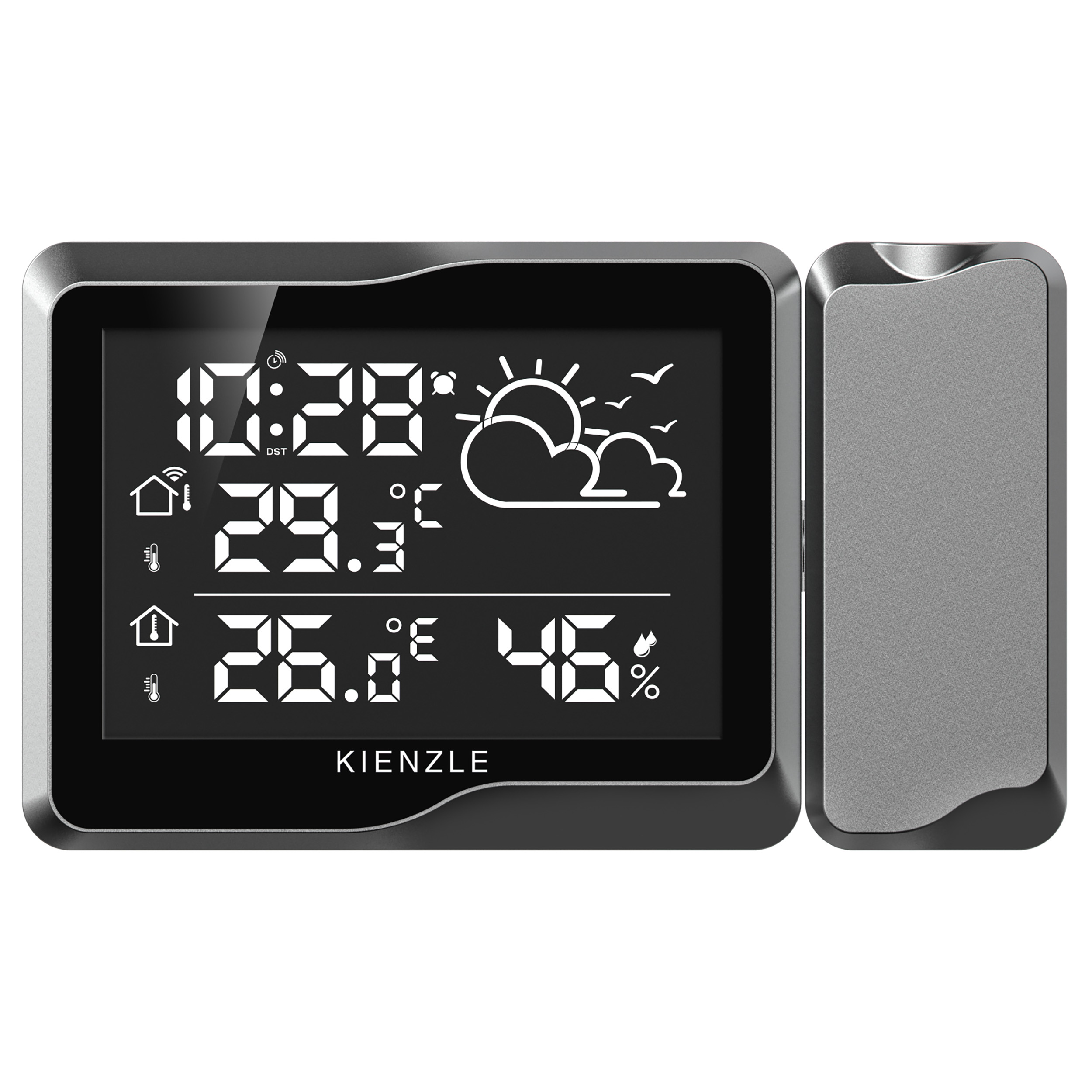 Reloj digital muestra hora, temperatura y humedad. Icono del tiempo.