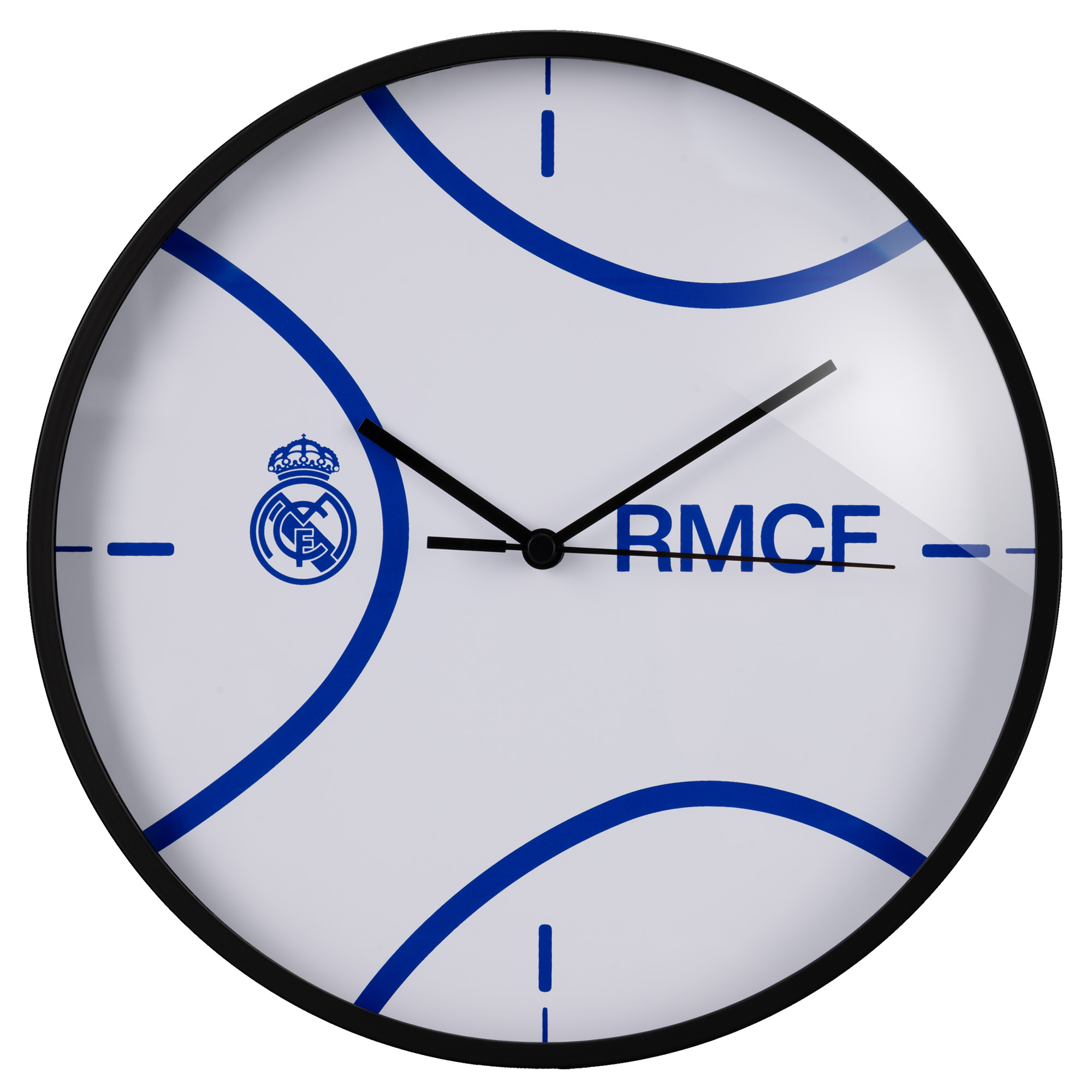 Reloj de pared blanco con logo y texto azul del Real Madrid.