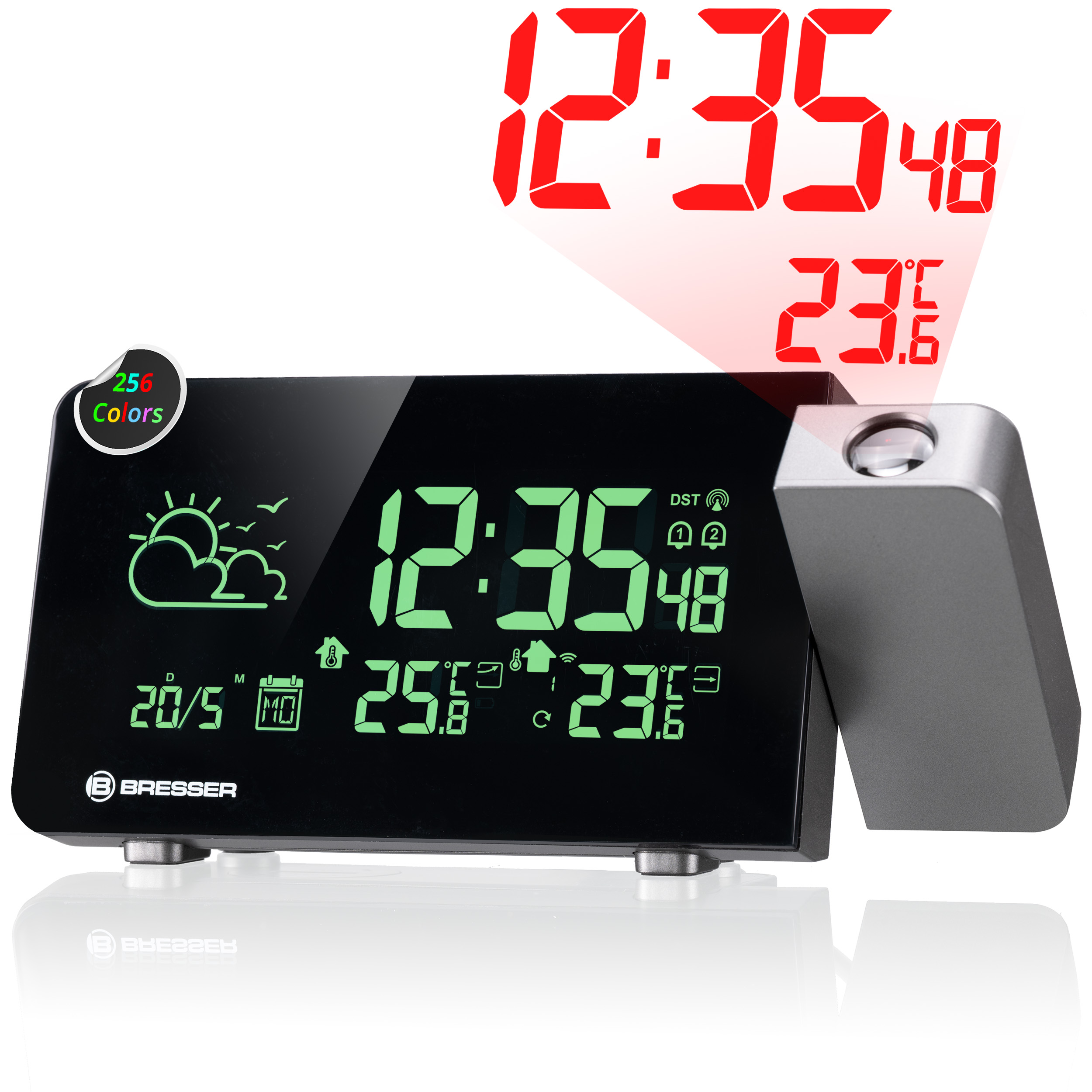 Reloj digital con pantalla meteorológica, proyecta hora y temperatura.