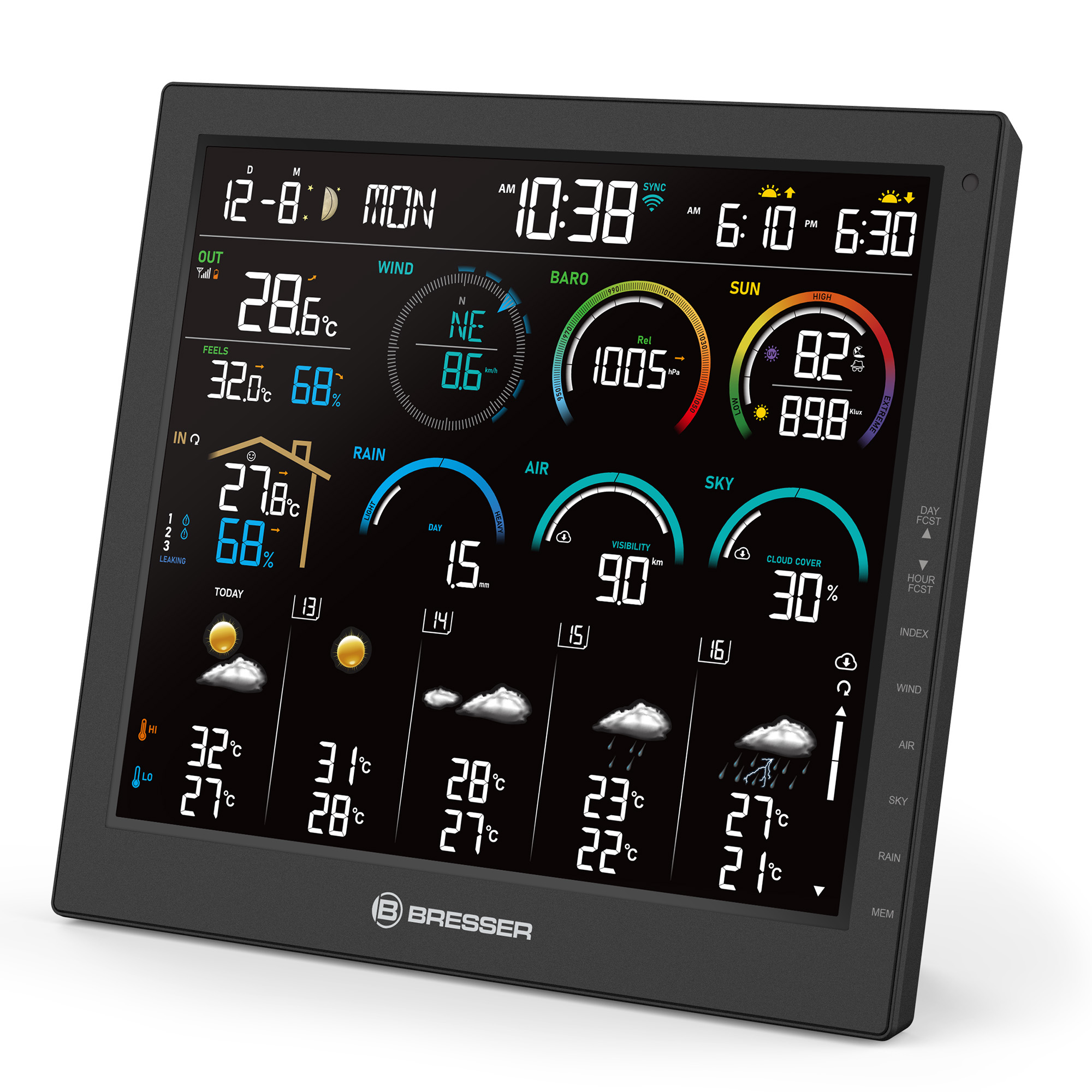 Pantalla meteorológica digital con hora, fecha, temp. exterior, viento, presión barométrica, sol, lluvia, humedad y nubosidad.