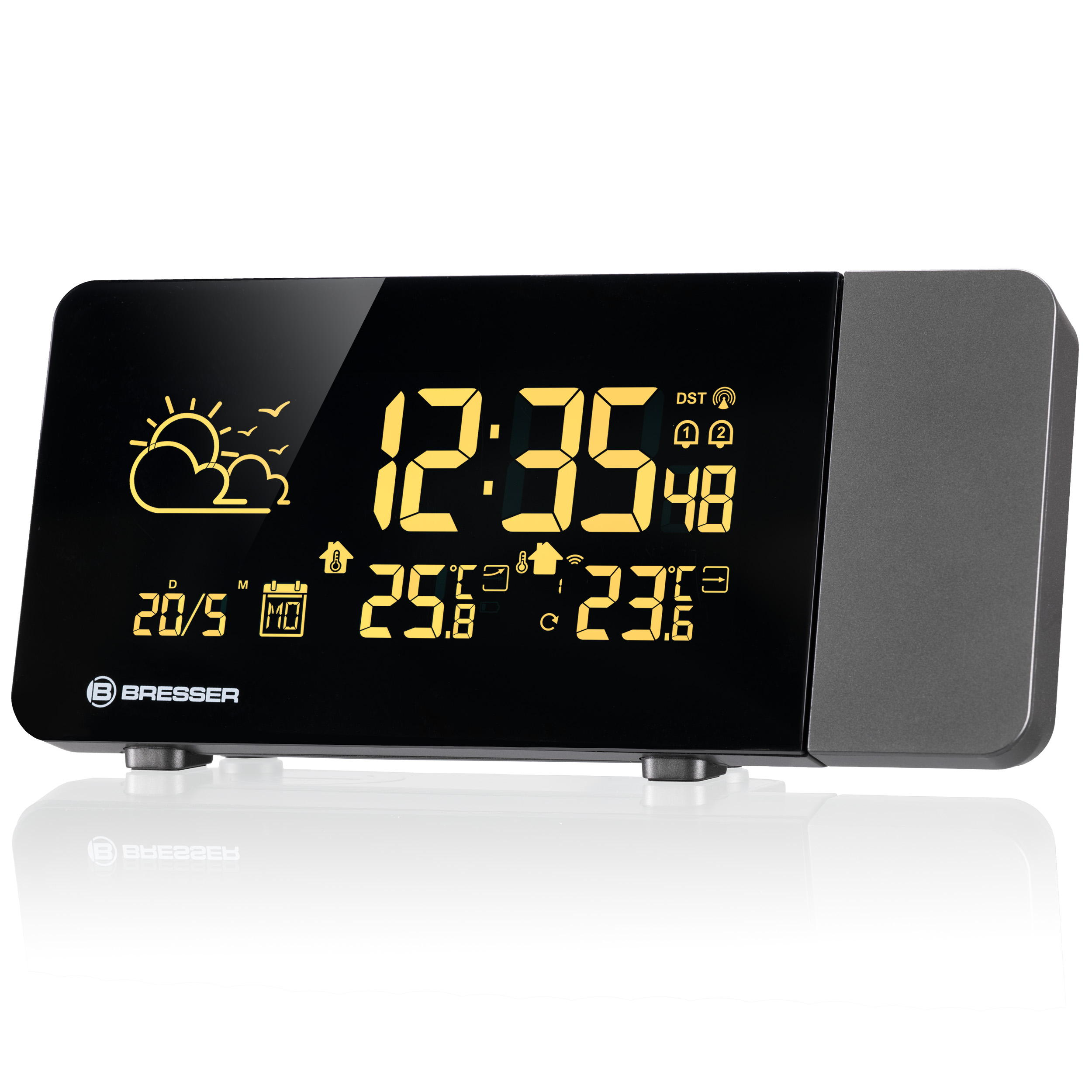 Reloj digital con pronóstico: 12:35, 20/5, 25.8°C, 23.6°C.
