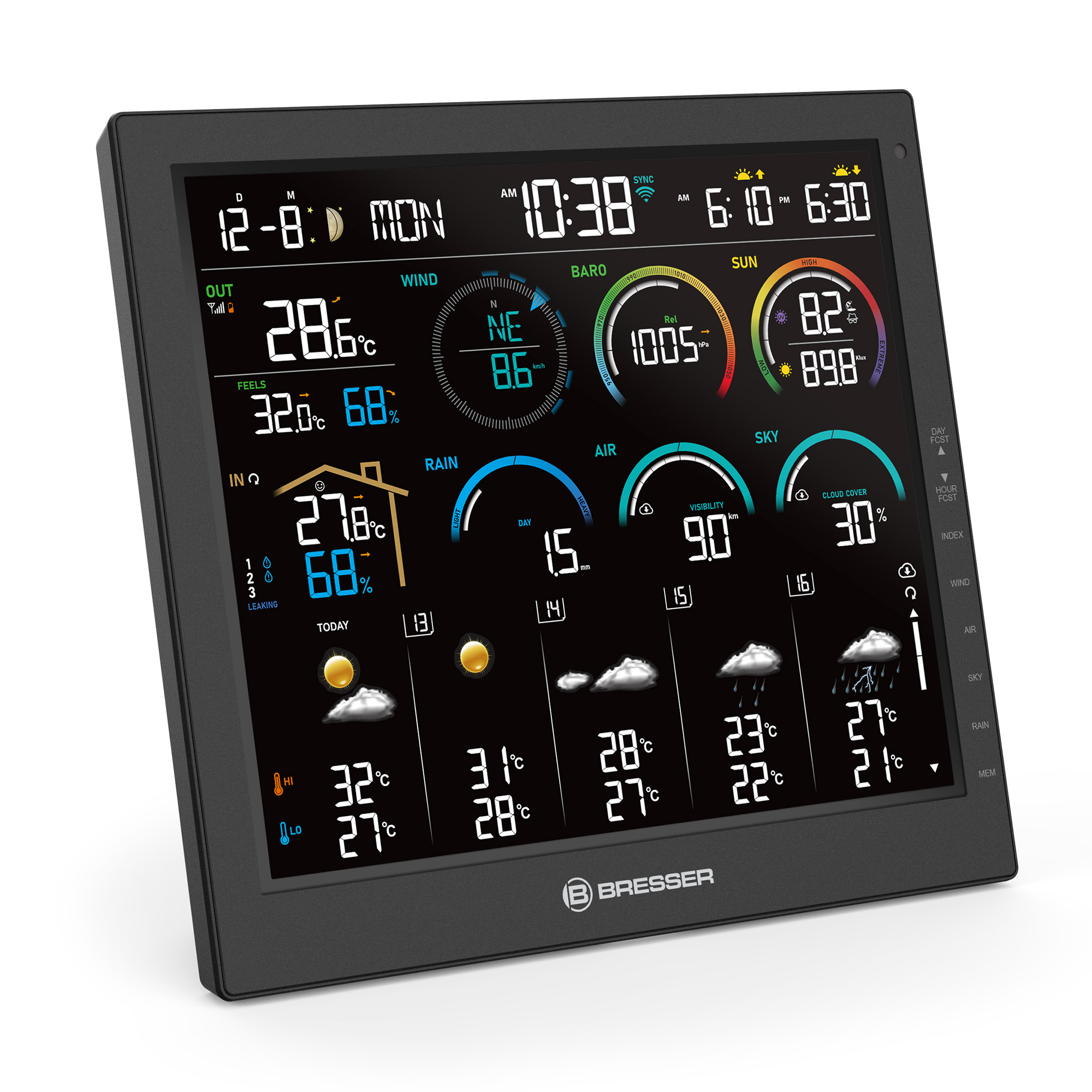 Una pantalla meteorológica digital muestra temperatura, viento, presión y luz solar.