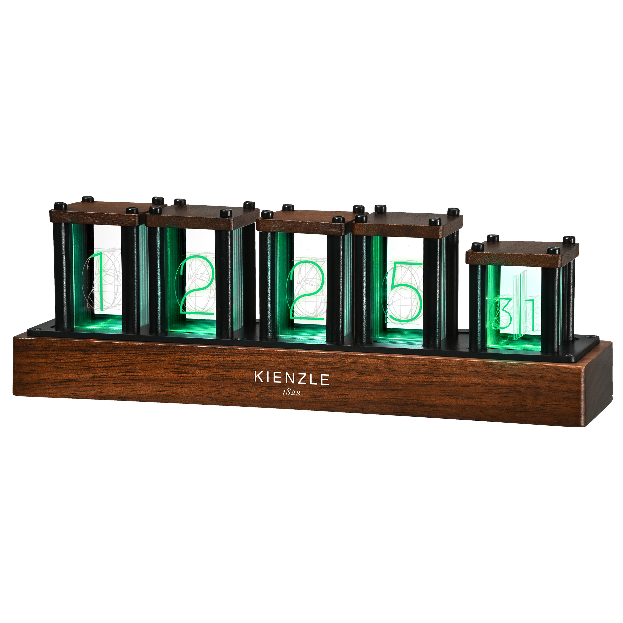 Orologio digitale Kienzle con illuminazione verde su base in legno.