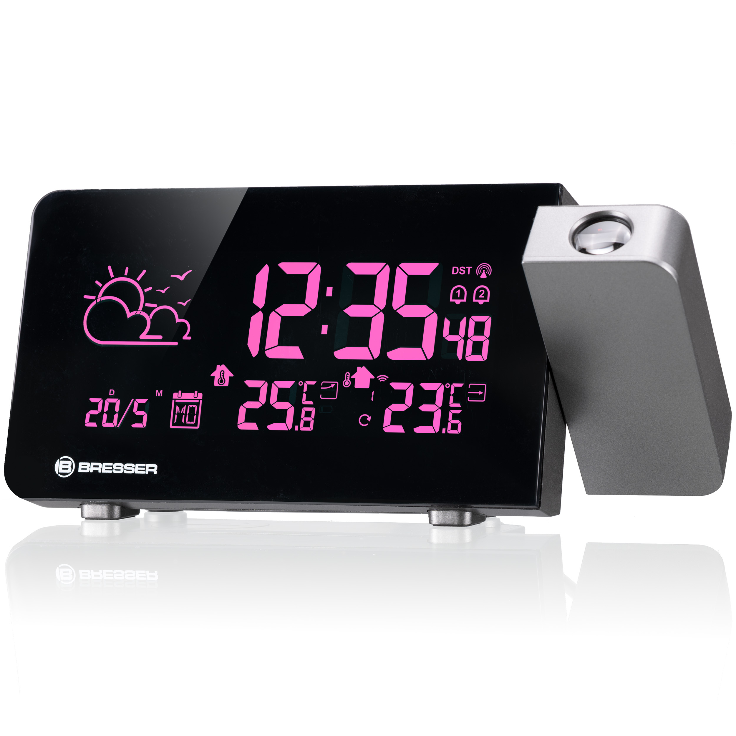 Reloj digital con pronóstico del tiempo, hora 12:35, fecha 20/5, temp 25.8°C y 23.6°C.