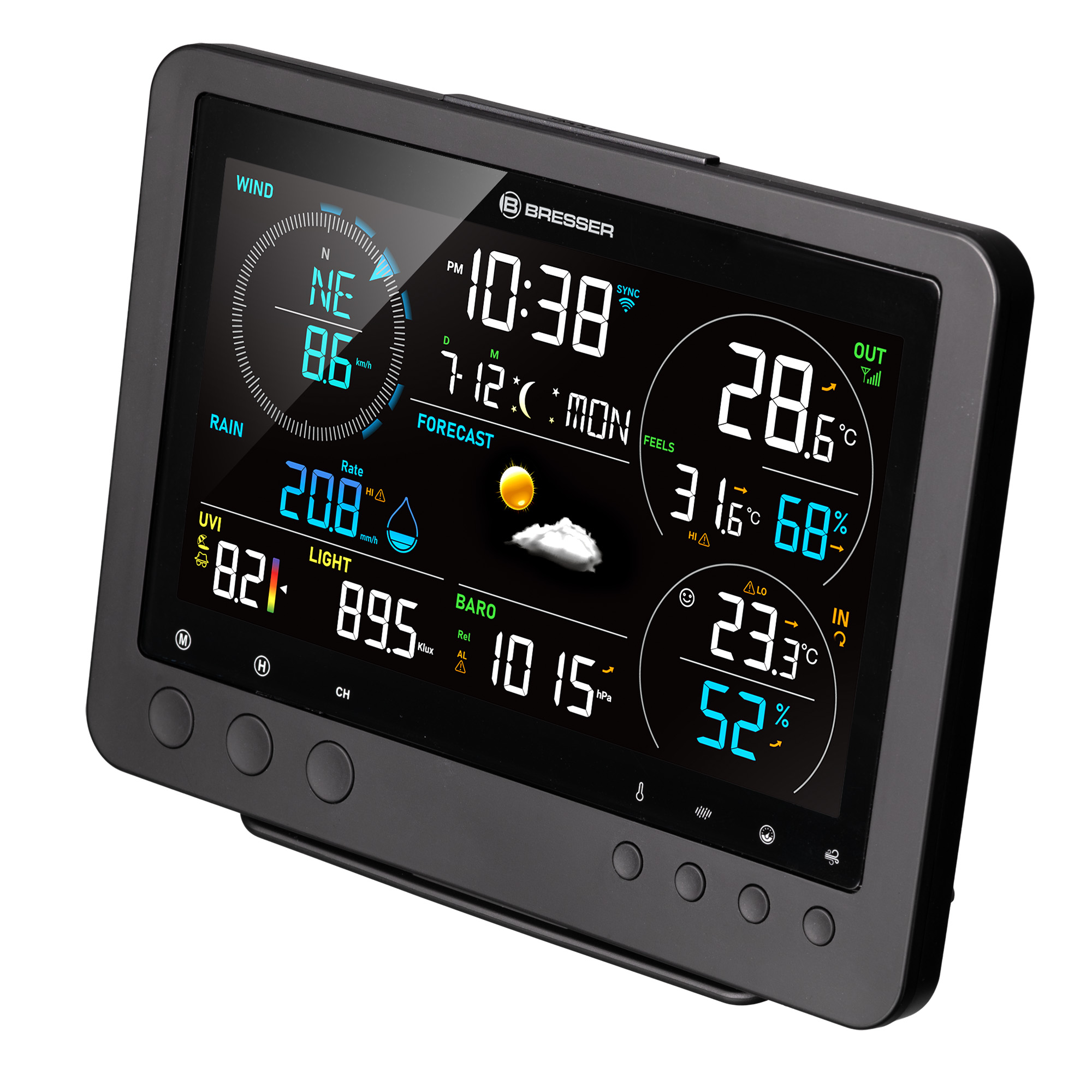 Pantalla digital del tiempo muestra viento, lluvia, hora, fecha y temperatura exterior.