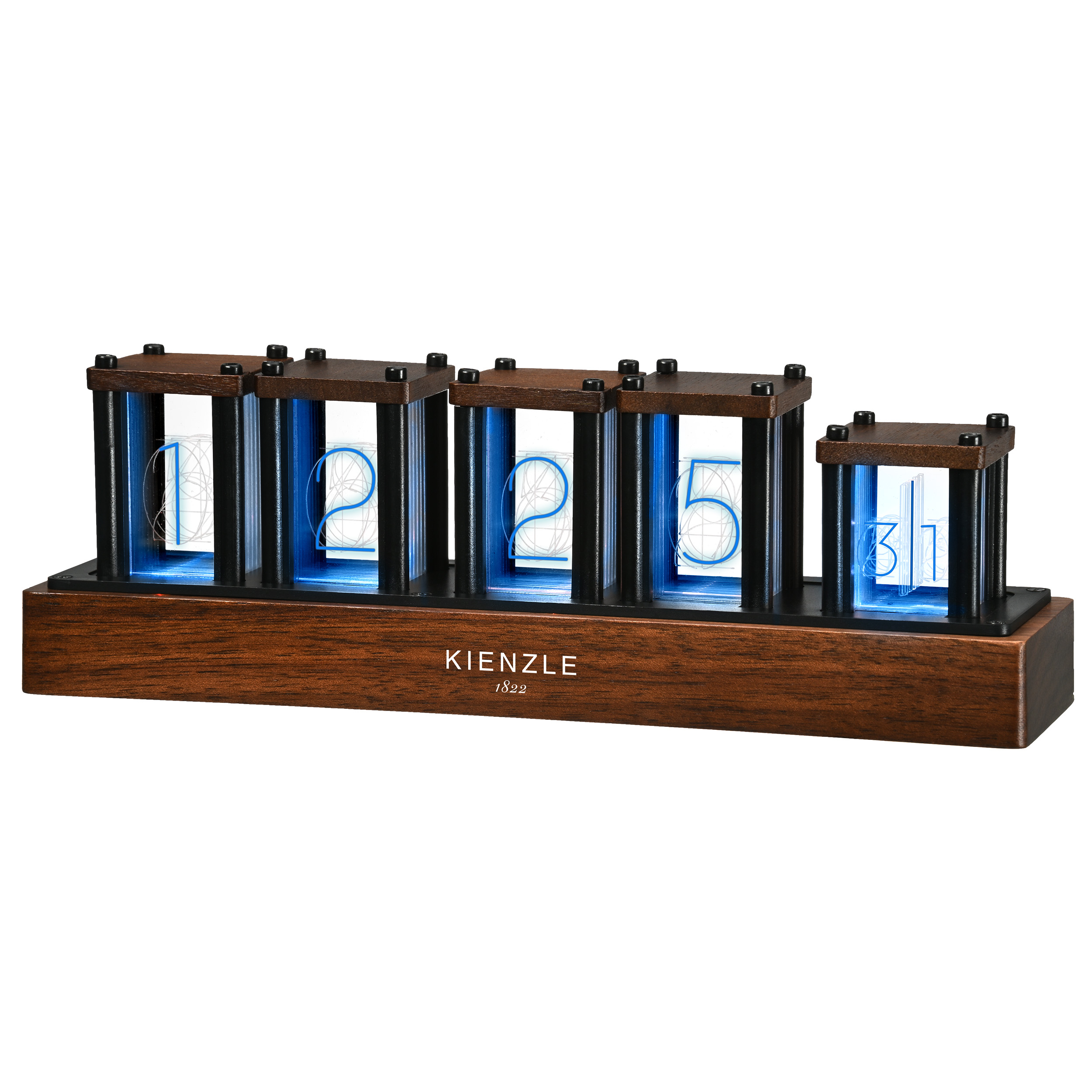 Un orologio digitale Kienzle su base in legno mostra 12:25:31.