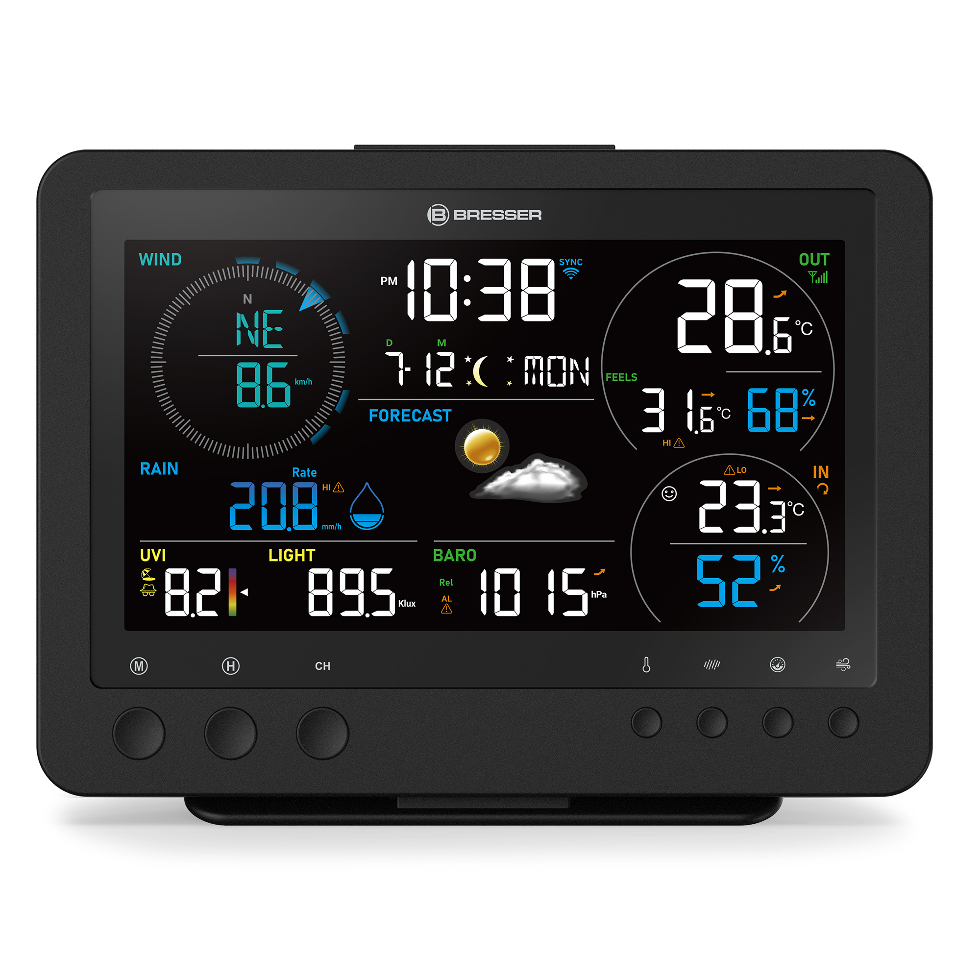 Estación meteorológica Bresser con pantalla de viento, lluvia, UVI, luz, barómetro y temperaturas.