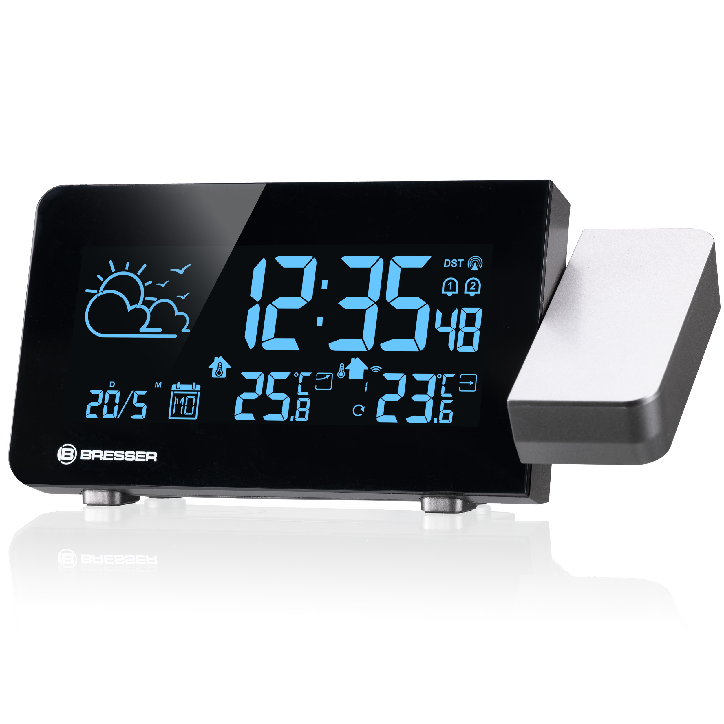Reloj digital con pantalla de clima: 12:35, 20/5, 25.6°C, 23.6°C, icono sol/nube.