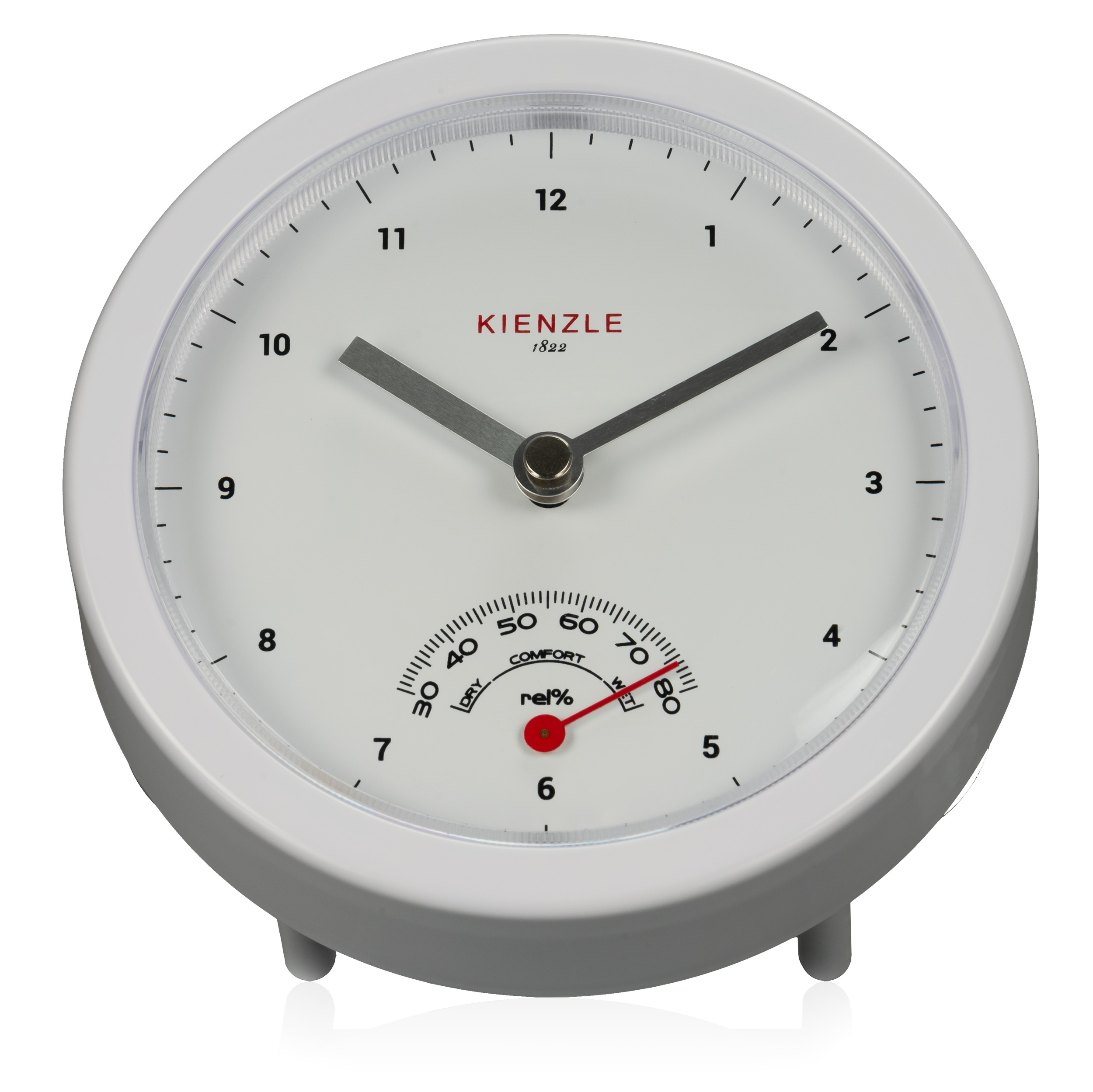Un despertador Kienzle blanco con higrómetro. Manecillas indican las 10:07.