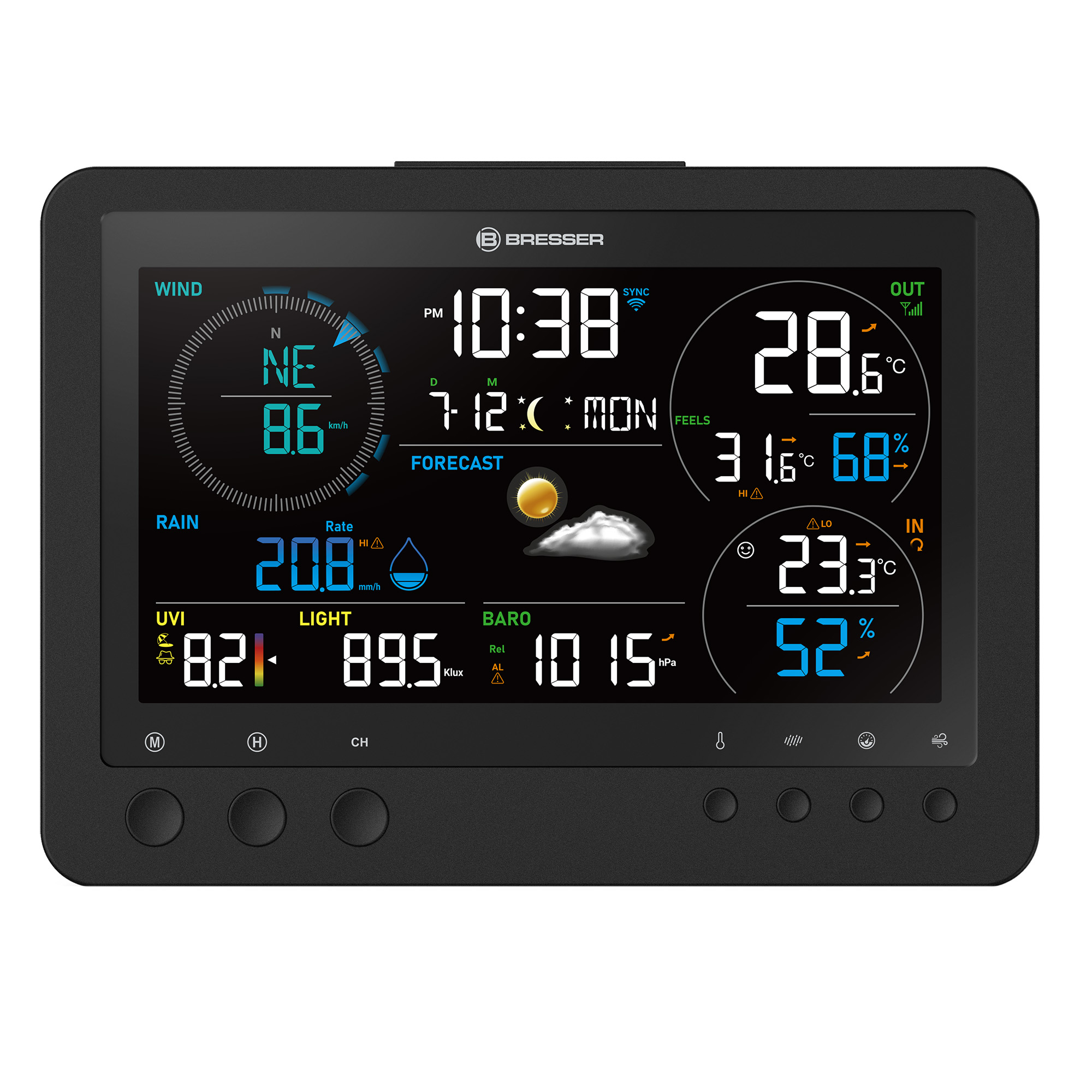 Pantalla digital del tiempo mostrando datos de viento, lluvia, UVI, luz, barómetro y temperatura.