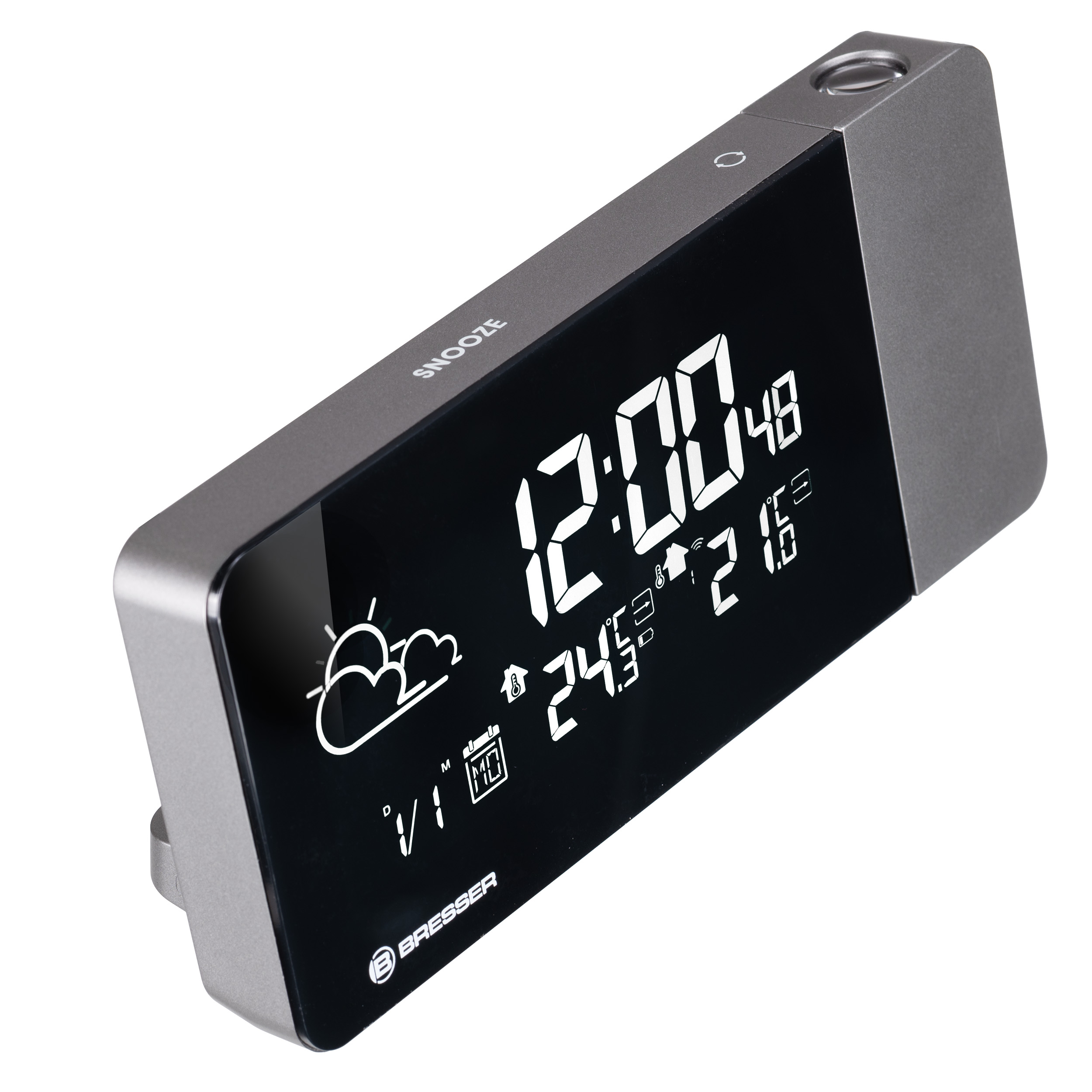 Reloj despertador digital, hora 12:00, temp 24.3°C, iconos clima.