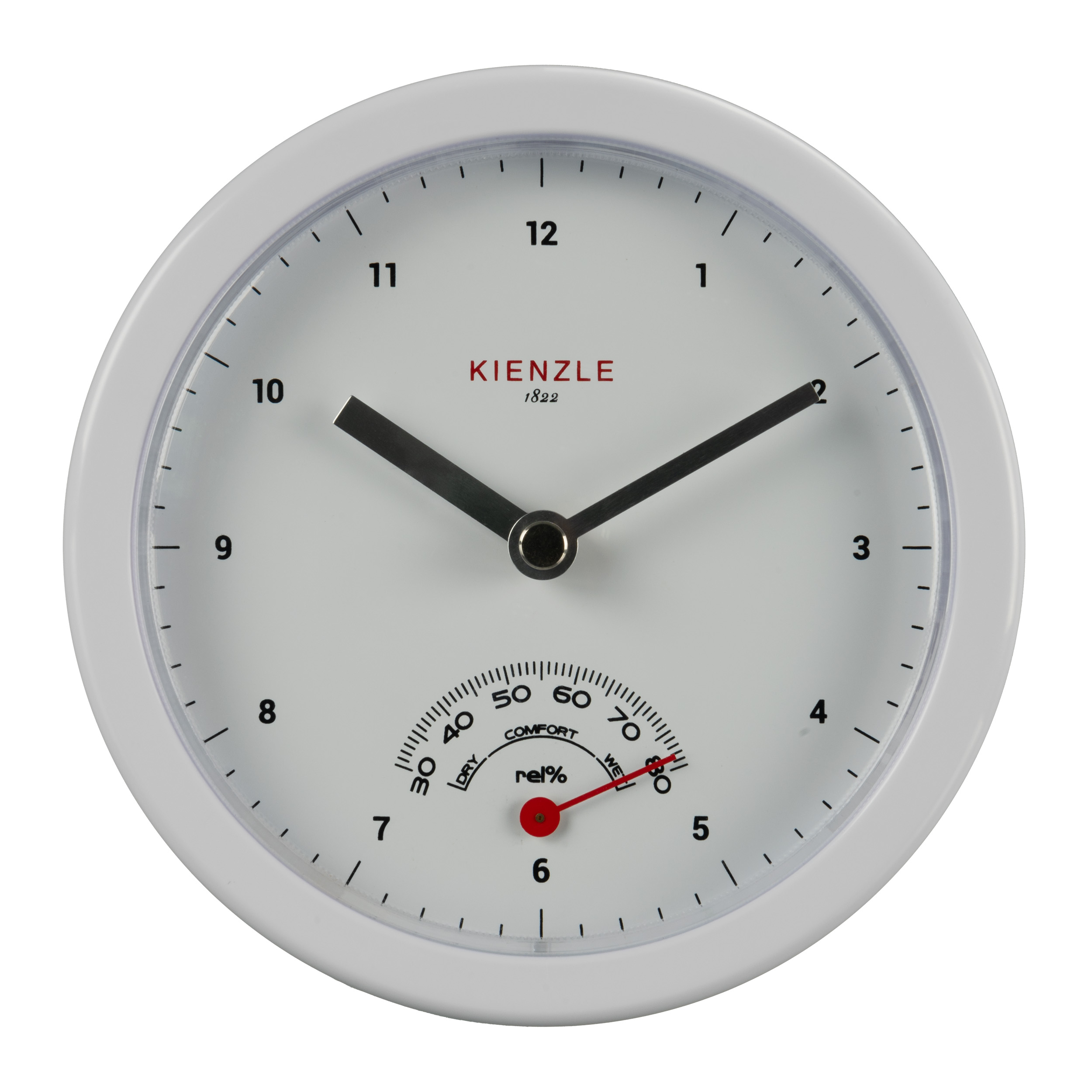 Reloj Kienzle blanco con higrómetro, mostrando las 10:08 y 48% de humedad.