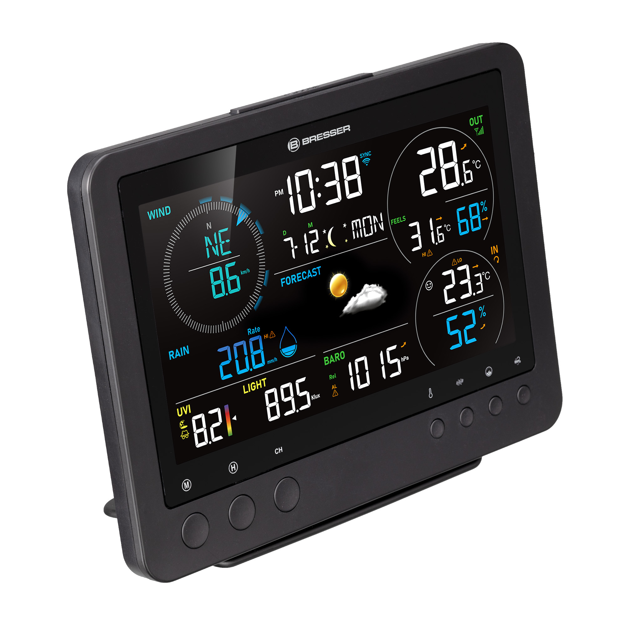 Estación meteorológica digital que muestra viento, lluvia, UVI, hora, temperatura y presión.