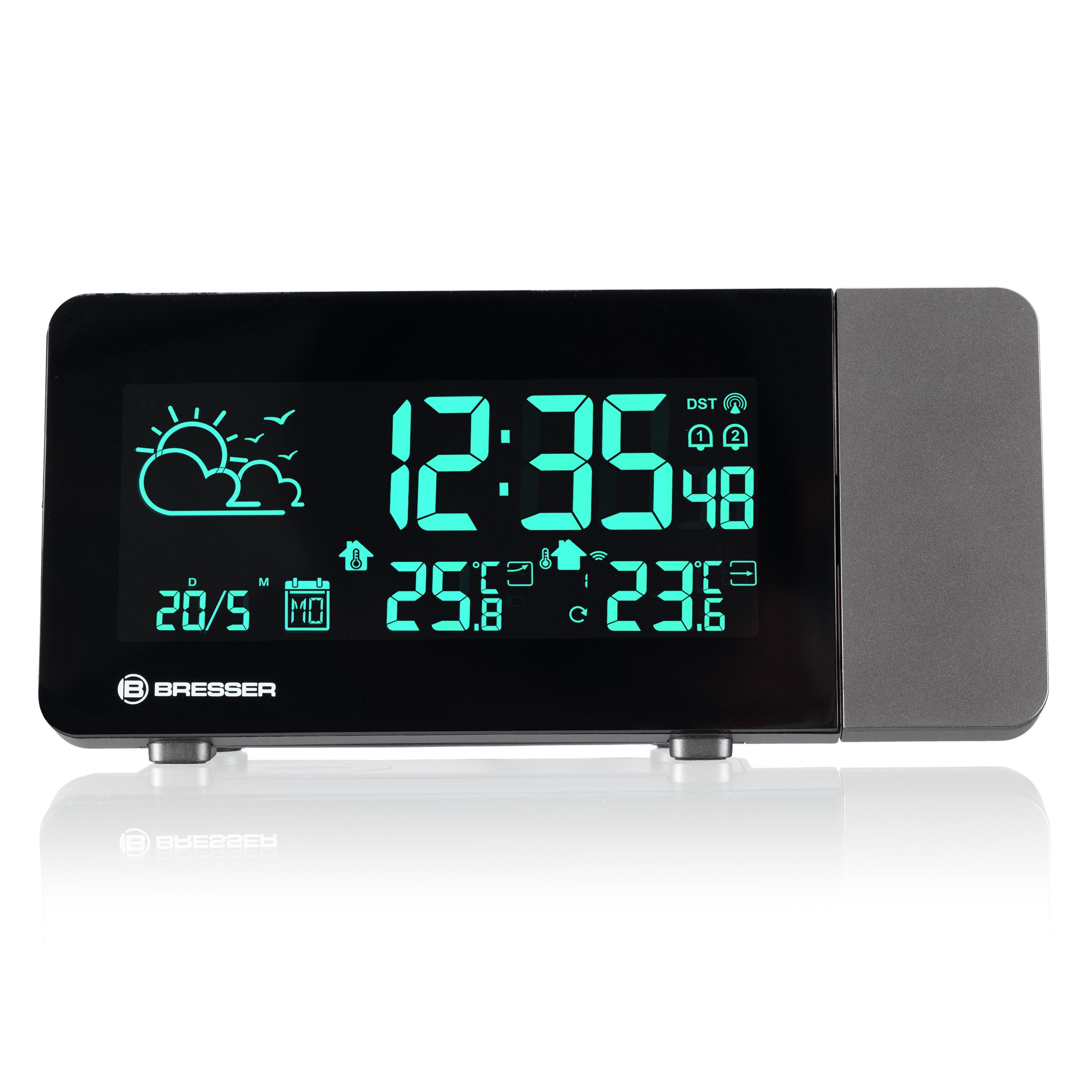 Reloj digital con pronóstico: 12:35, 25.8C, 23.6C, Fecha 20/5, Lu.