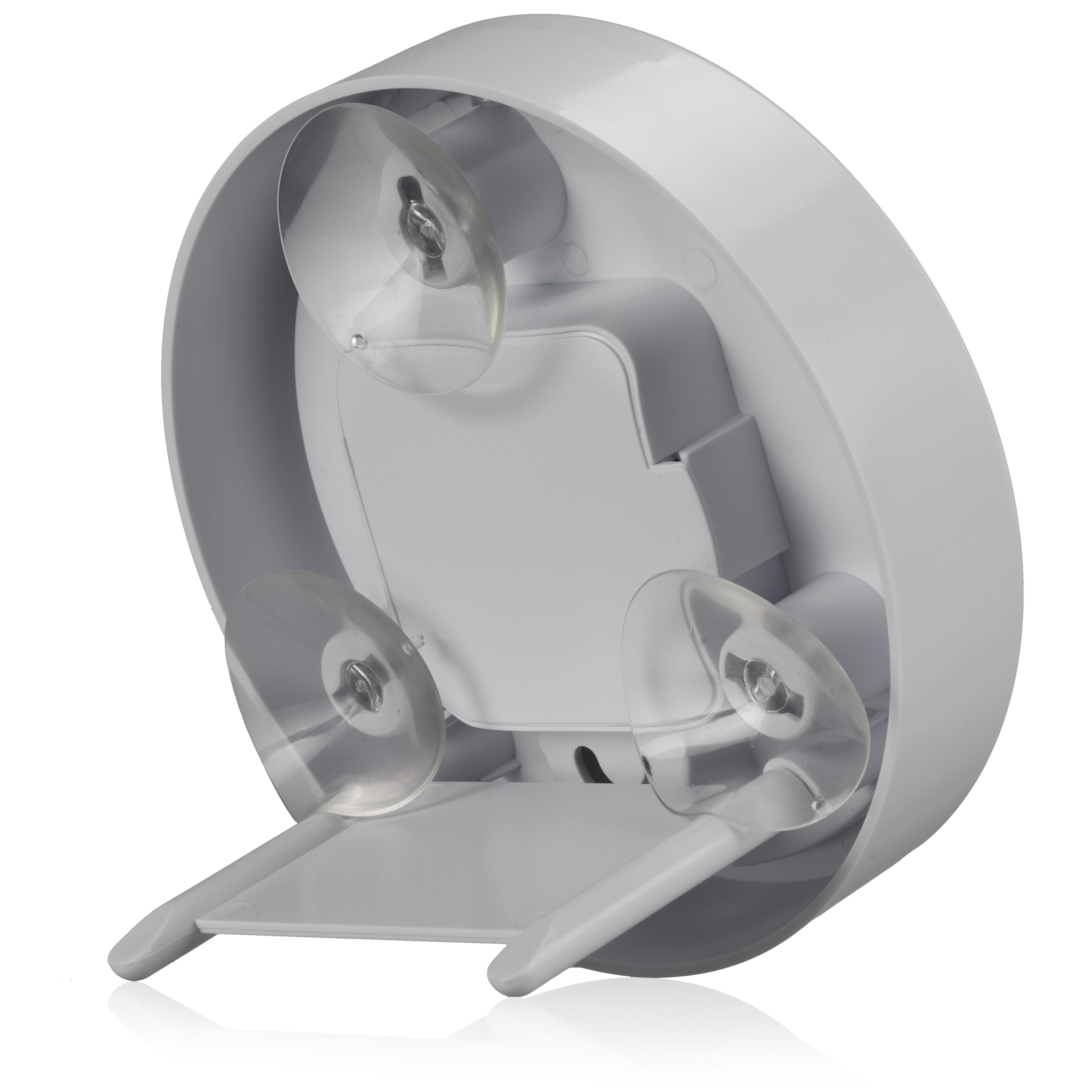 Un dispositivo blanco con tres ventosas y un soporte plegable.