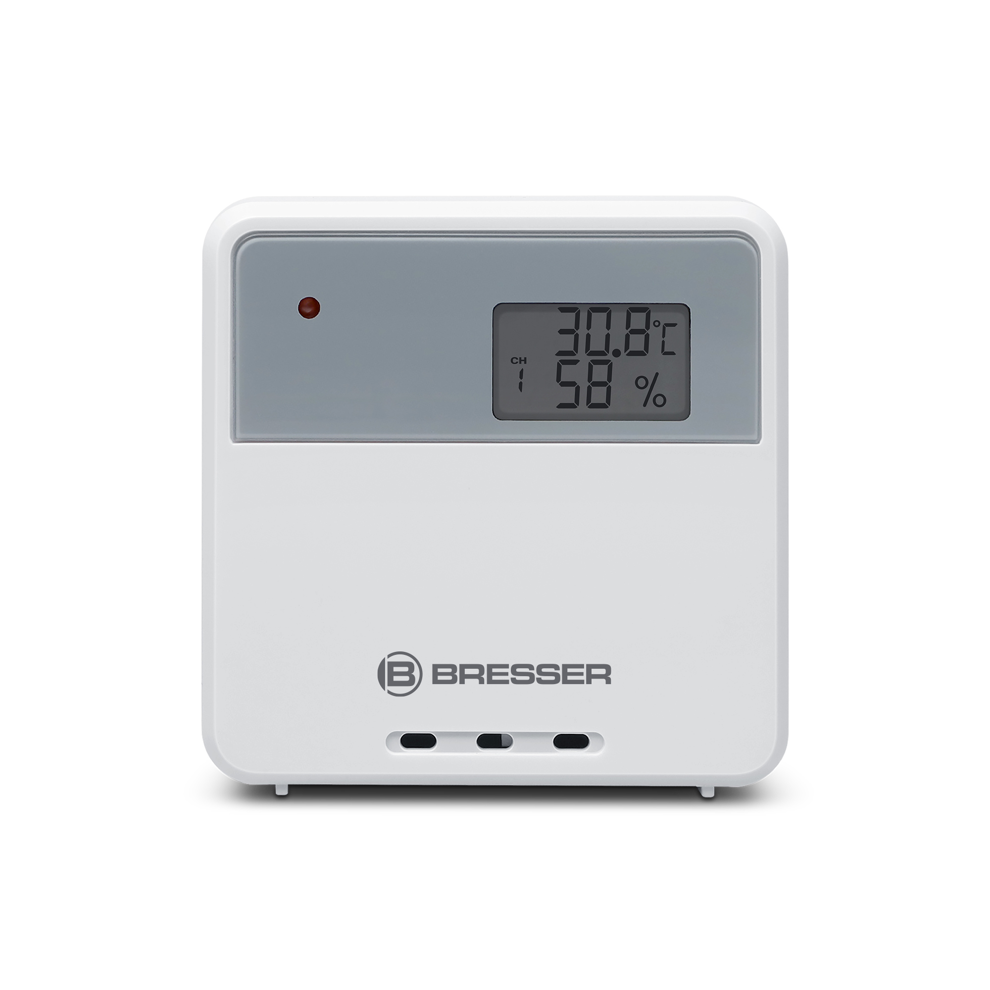 Termómetro Bresser blanco con pantalla digital de temperatura y humedad.