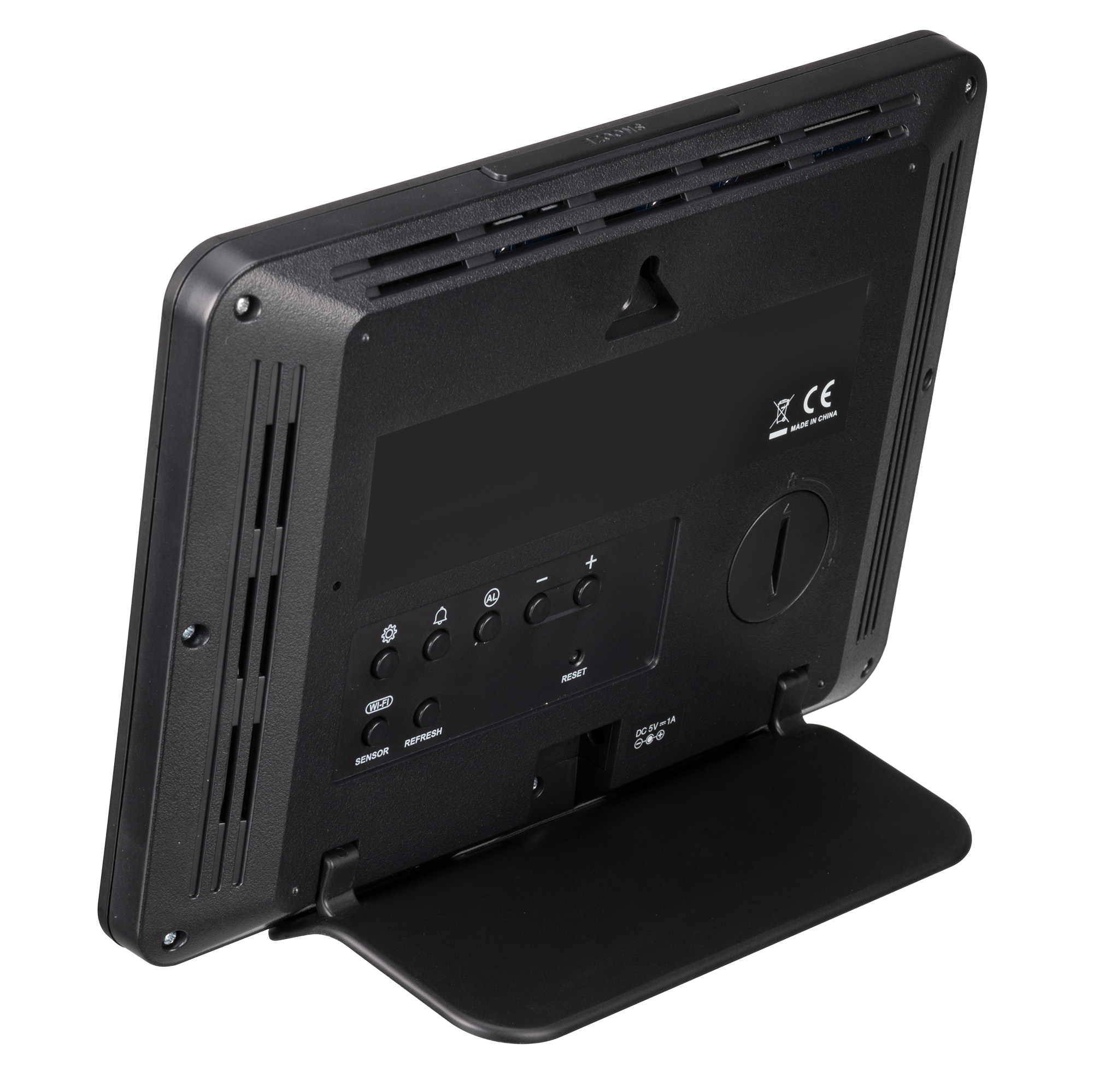 Parte trasera de un dispositivo digital negro con botones y puertos.