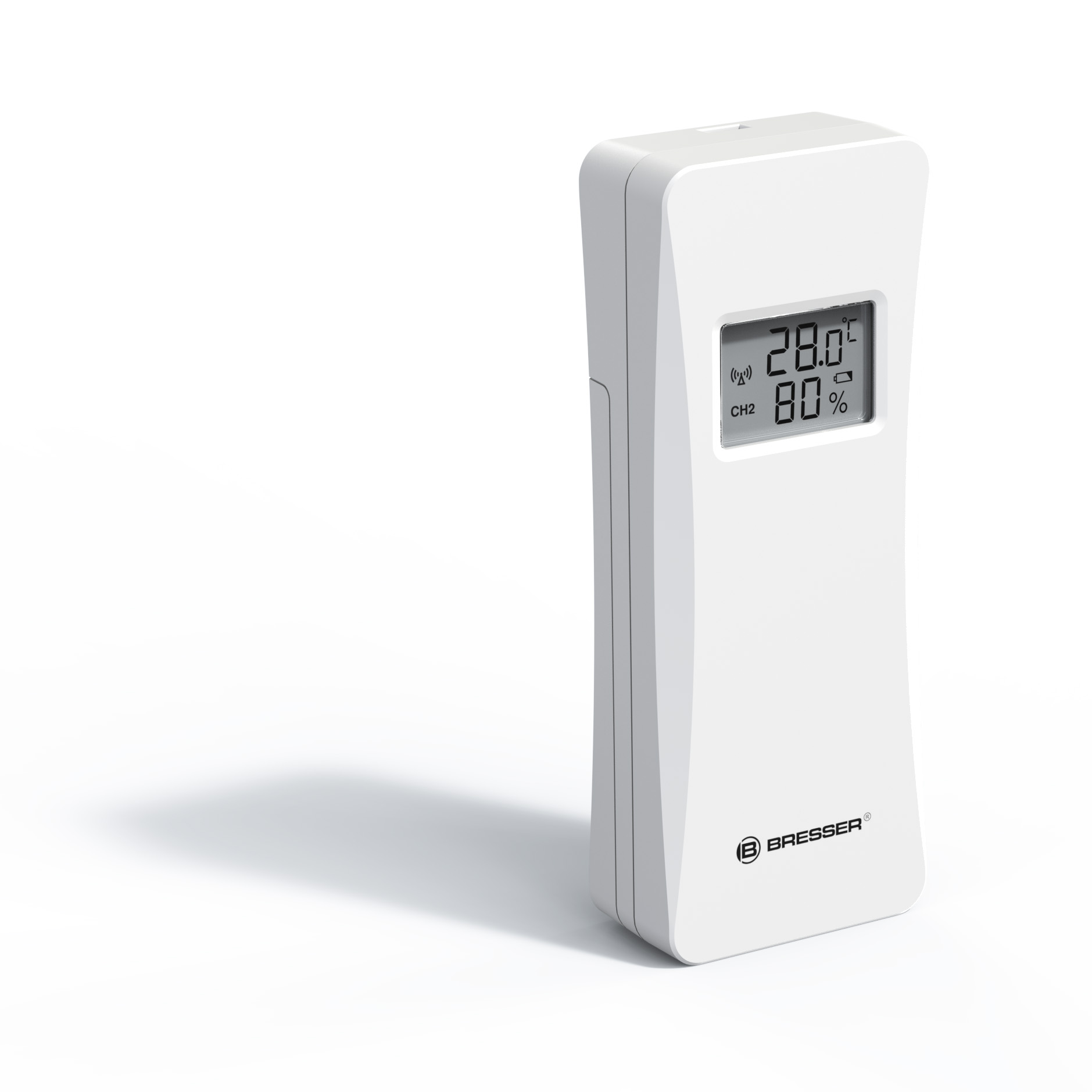 Un termómetro blanco con pantalla digital muestra 28°C y 80% de humedad.