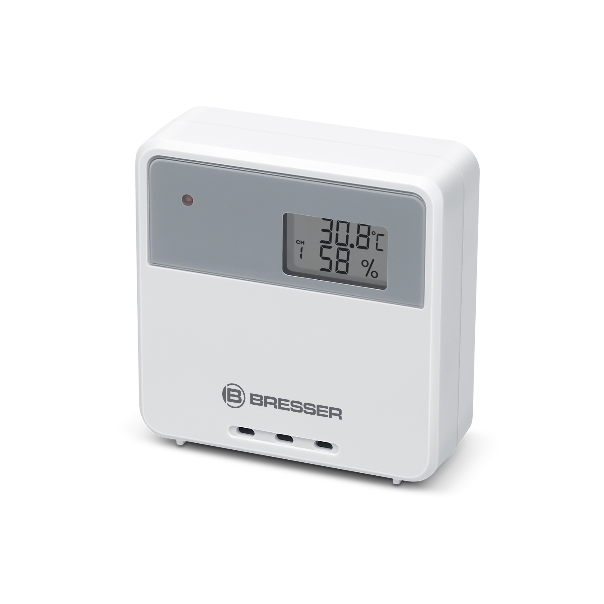 Dispositivo blanco con pantalla digital de temperatura y humedad.