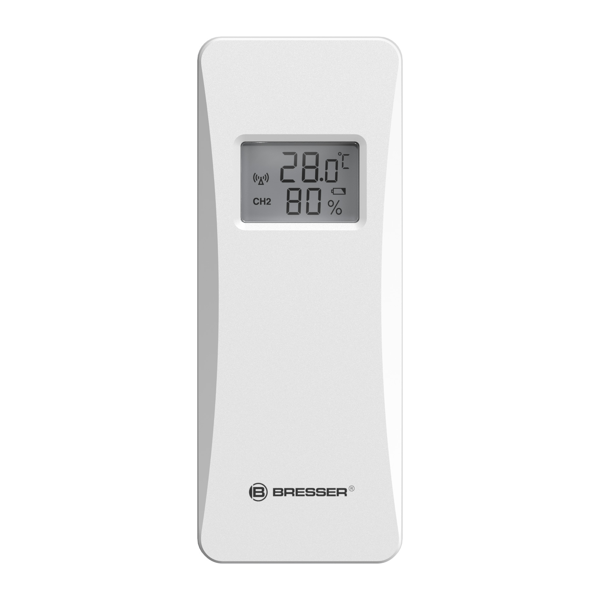 Una pantalla blanca de estación meteorológica muestra 28 grados y 80% de humedad.