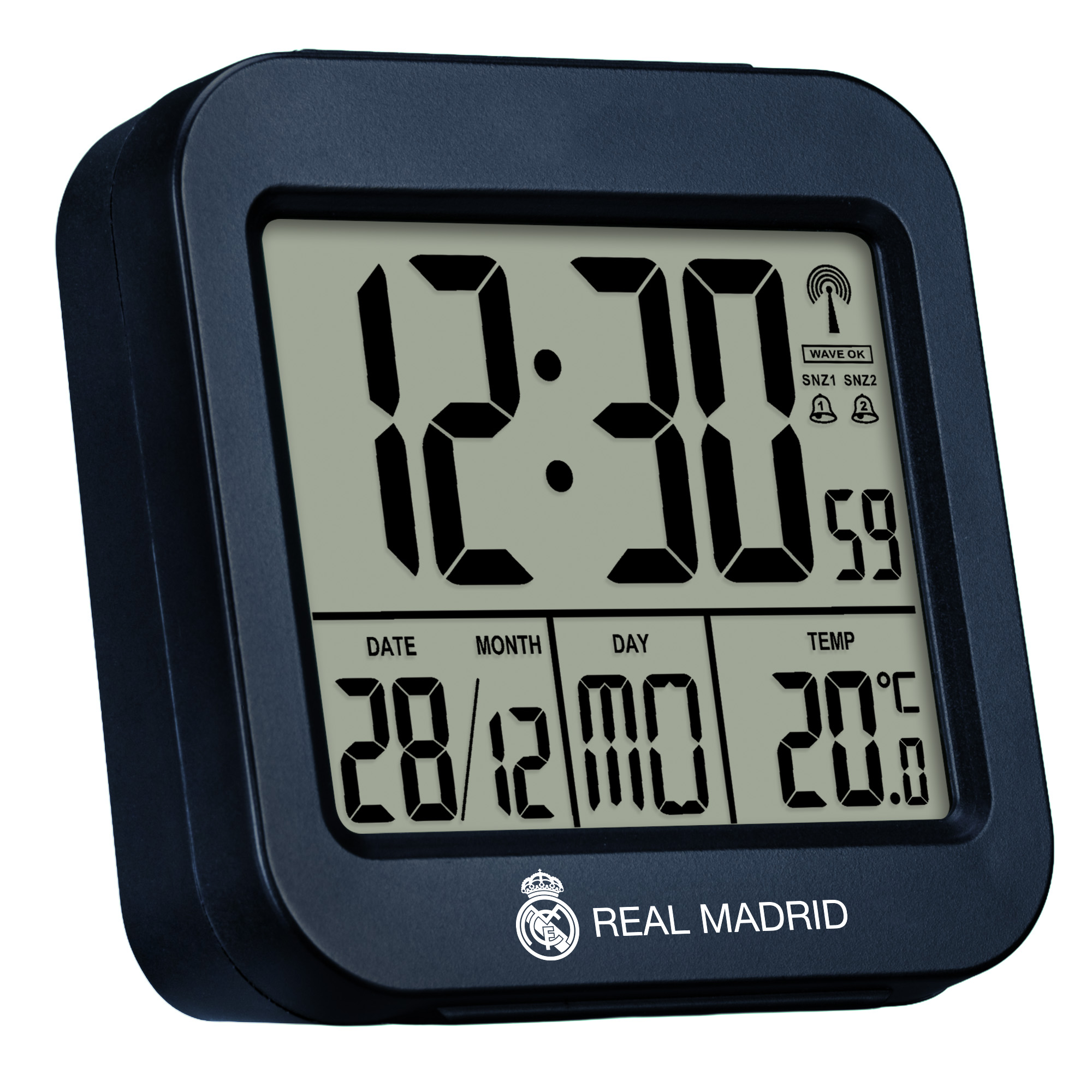 Reloj digital negro muestra hora 12:30, temp 20.5°C, fecha 28 Dic. Logo Real Madrid abajo.