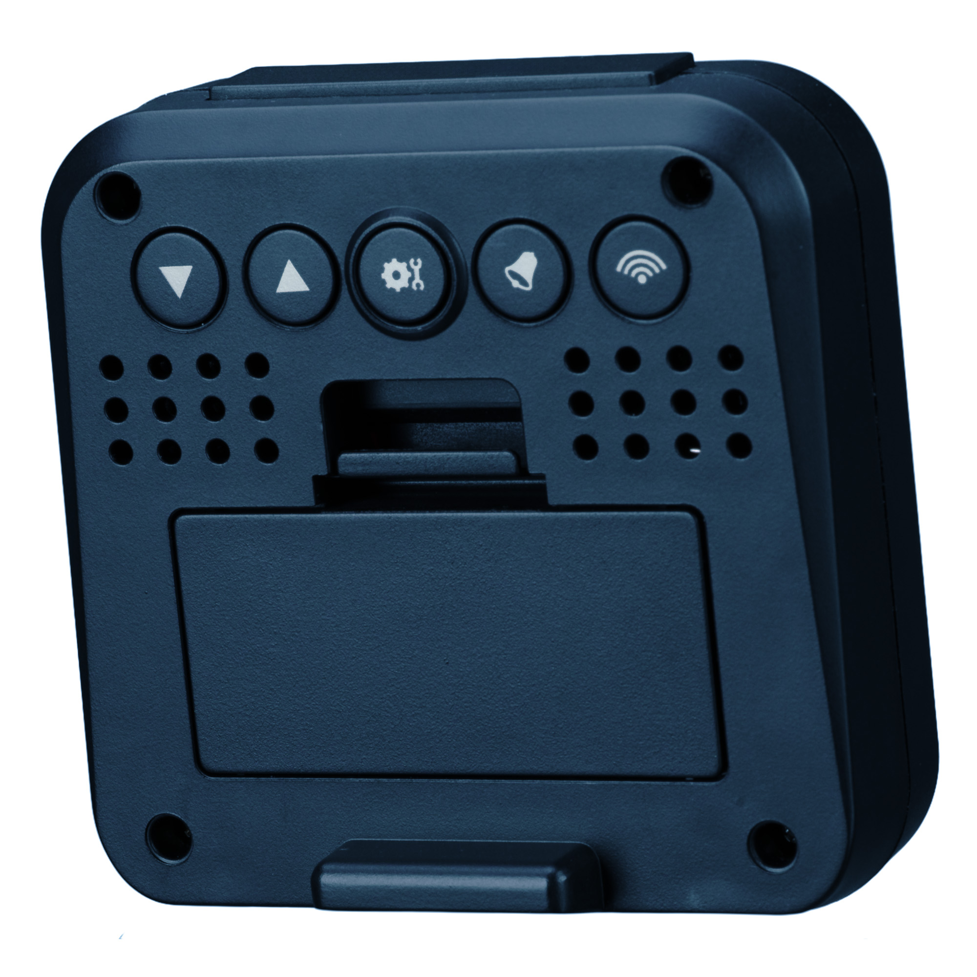 Dispositivo azul oscuro con botones: flechas, engranaje, campana, símbolo Wi-Fi.
