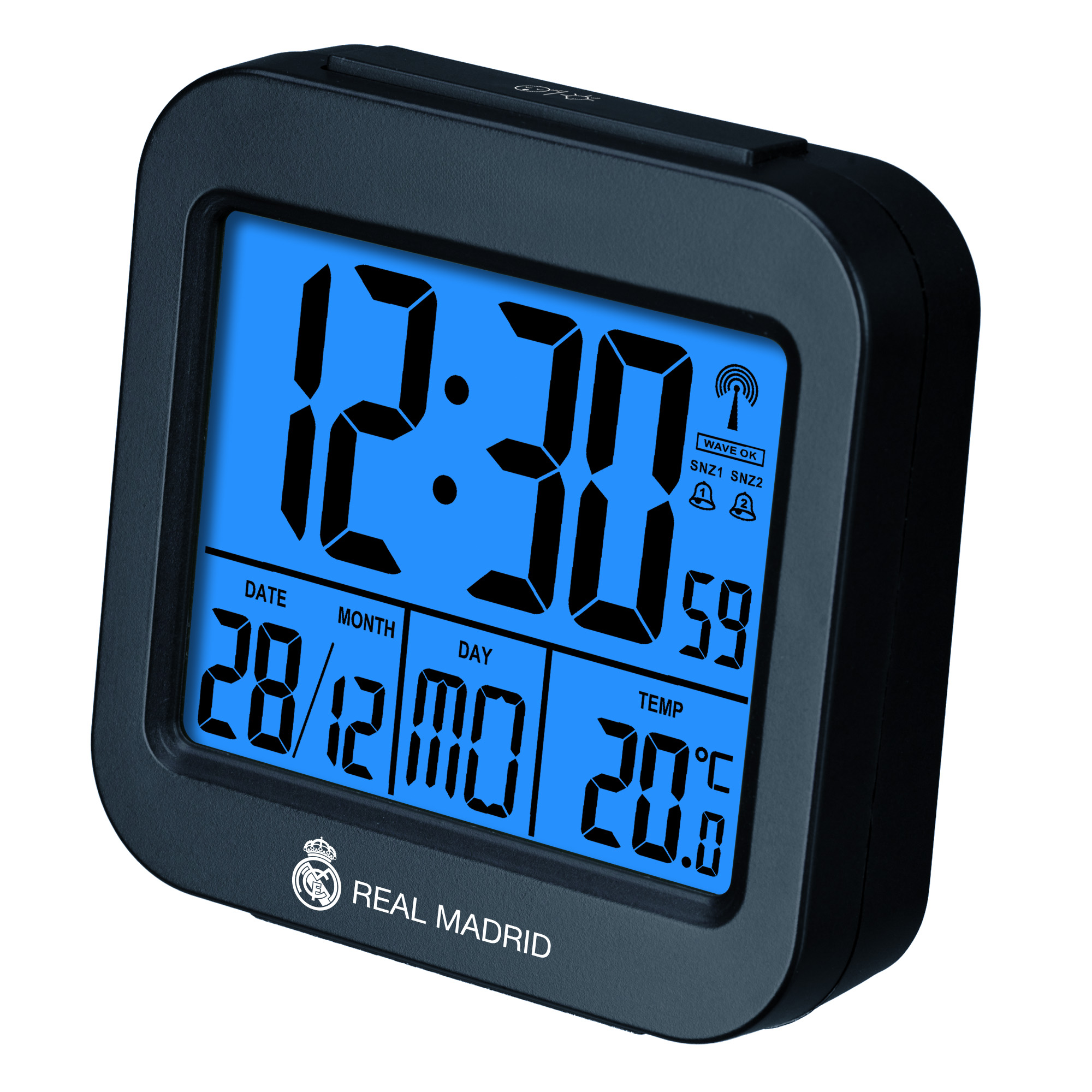 Reloj digital azul muestra 12:30, fecha 28/12 y 20.5°C. Logo Real Madrid.