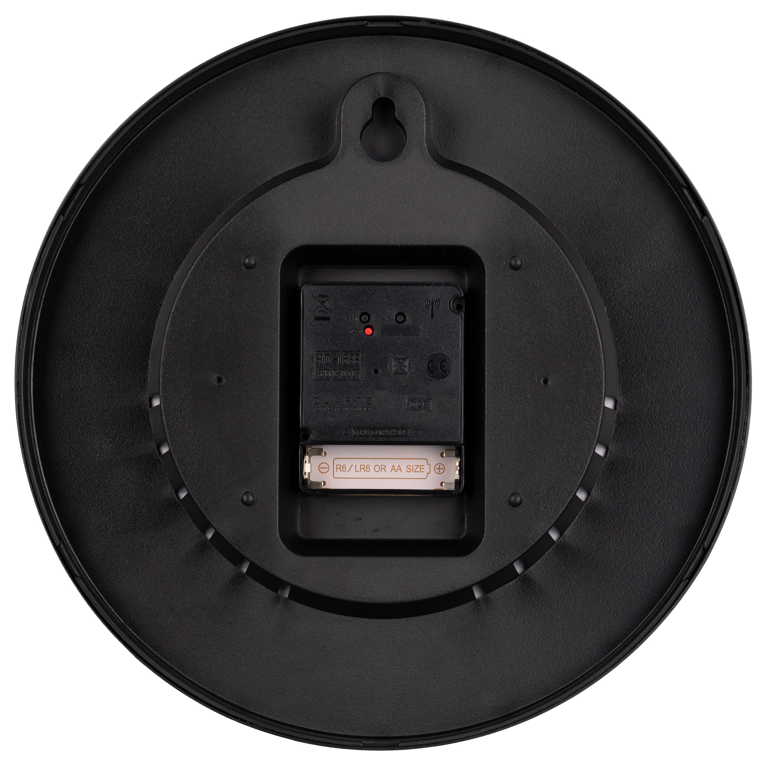 Retro di un orologio da parete nero con vano batteria e gancio.