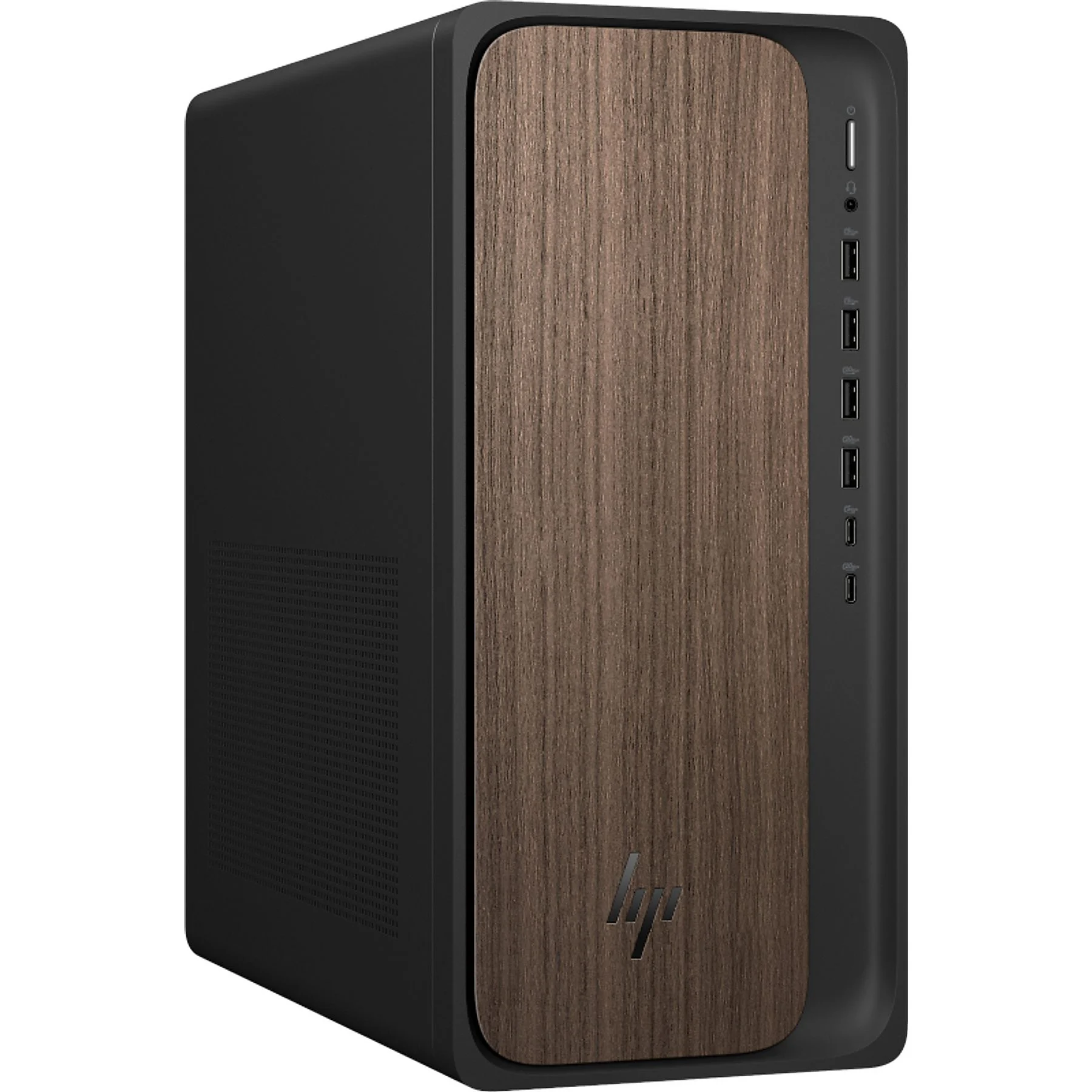 Tower PC nero con pannello frontale effetto legno e logo HP.