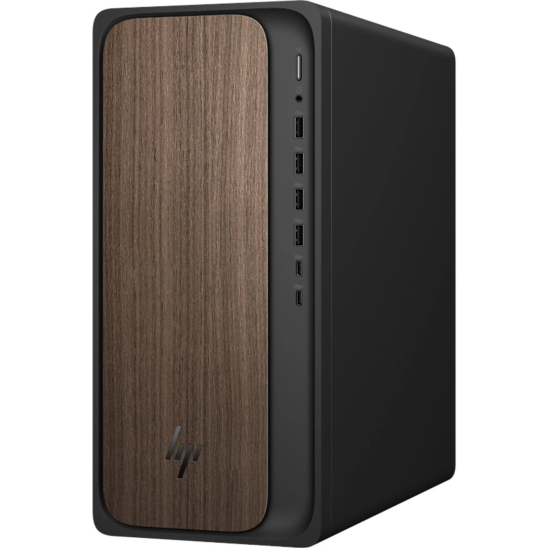 PC desktop nero con pannello frontale effetto legno e porte USB.
