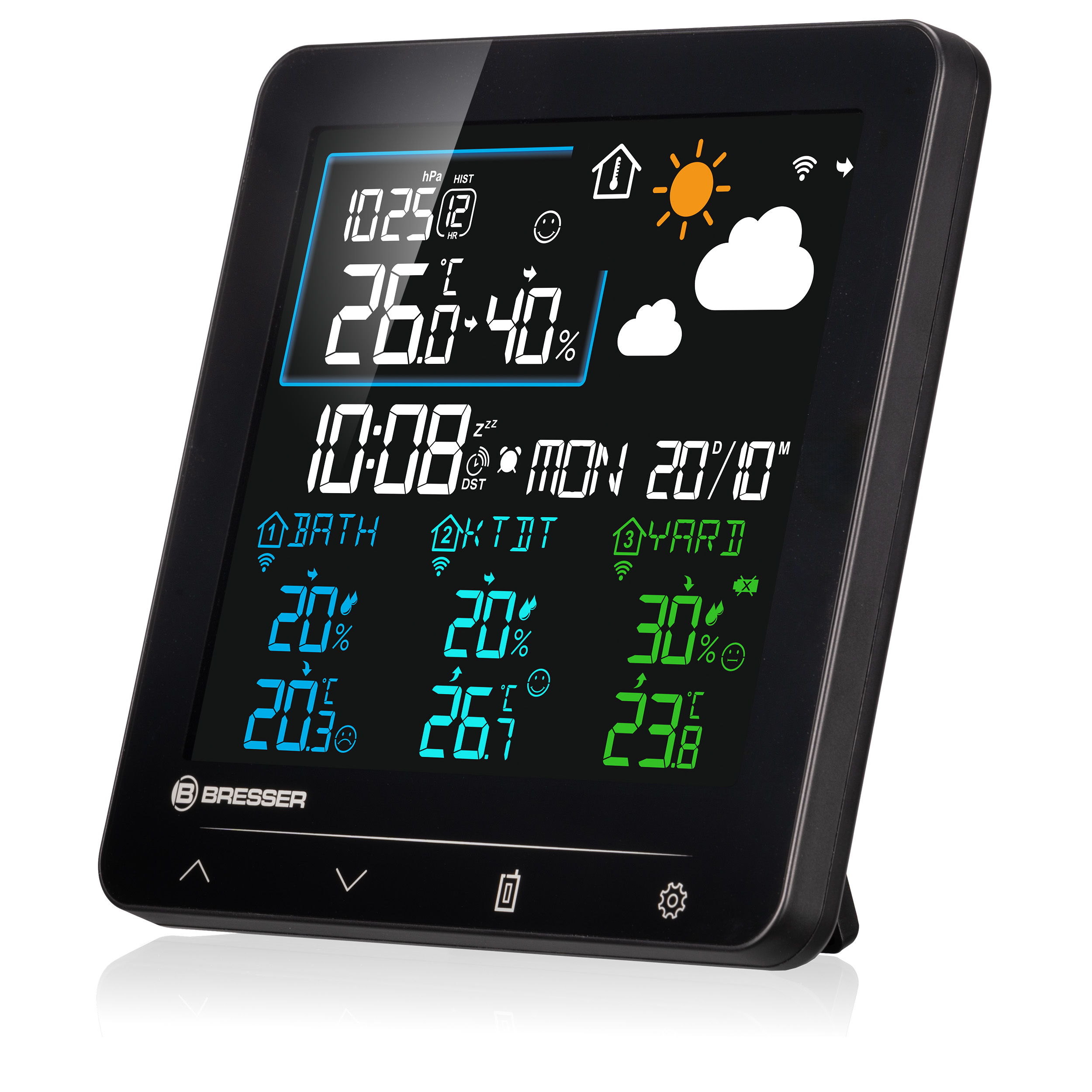 Una pantalla de estación meteorológica digital muestra hora, fecha, temperatura y humedad.