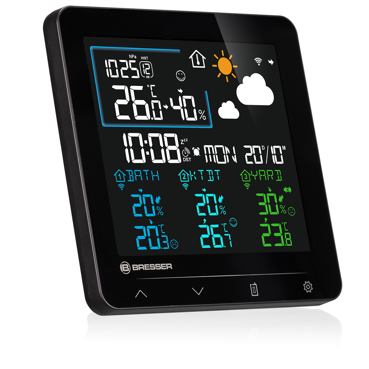 Estación meteorológica digital con fecha, hora, temperatura y humedad.