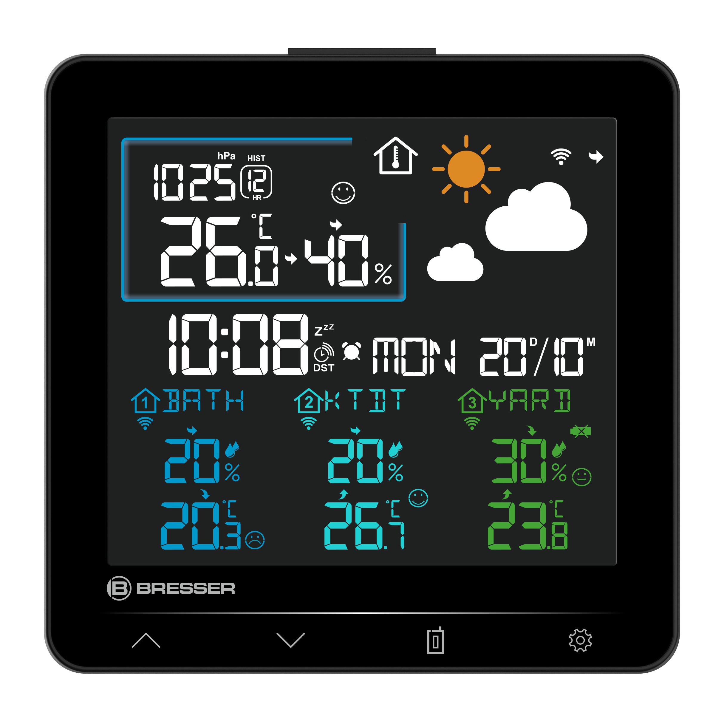 Pantalla digital del tiempo muestra temp. interior/exterior, humedad, hora y fecha. Logo Bresser.