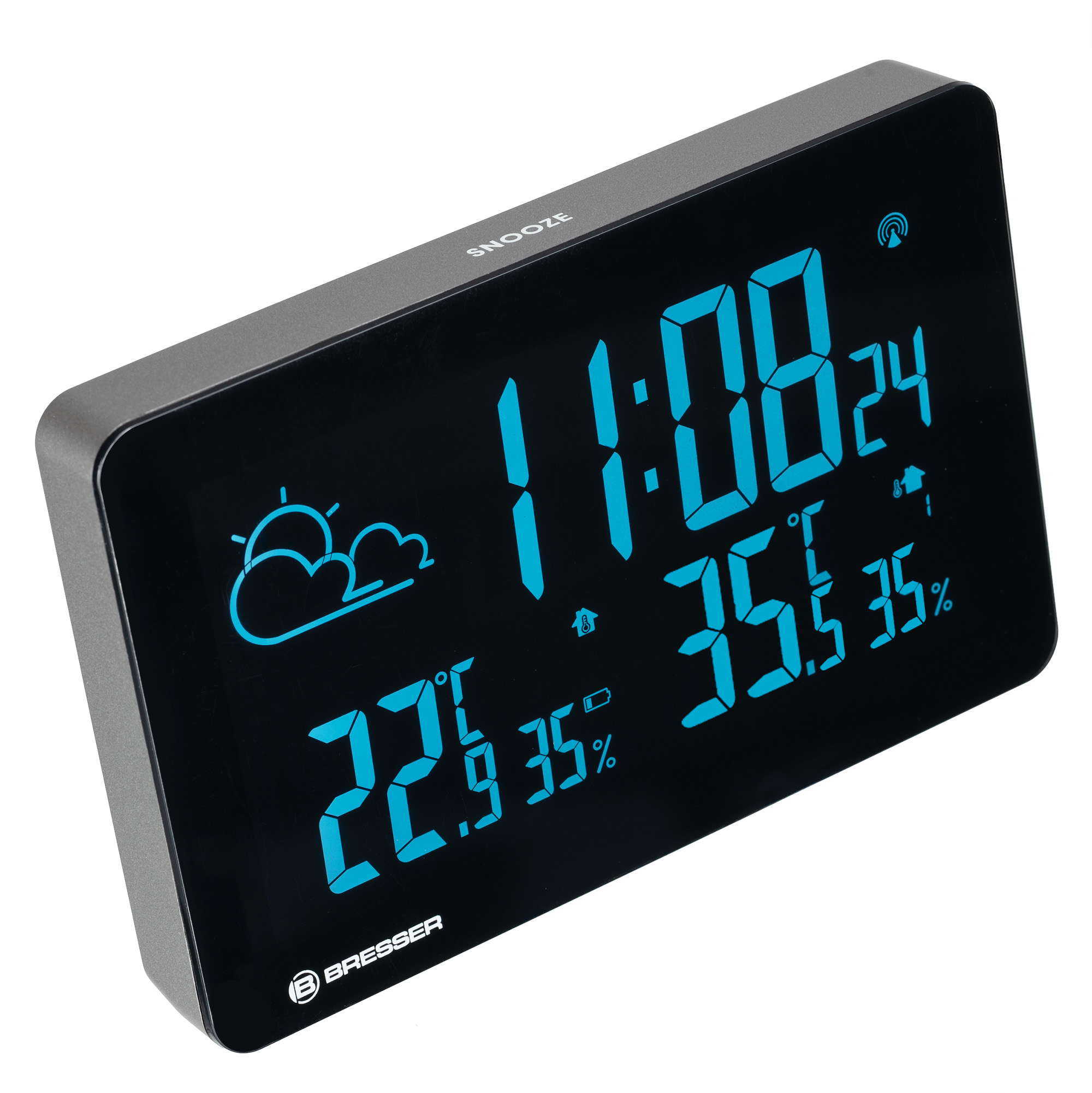 Reloj digital con pantalla meteorológica: 11:08, 22,9°C, 35,5% humedad.