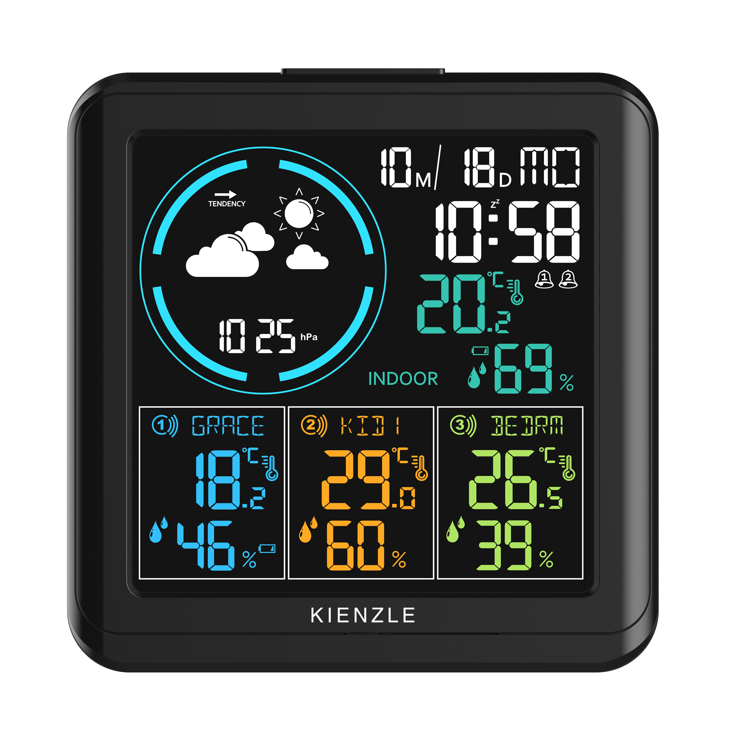 Una estación meteorológica Kienzle negra con pantallas digitales de tiempo, temp. y humedad.