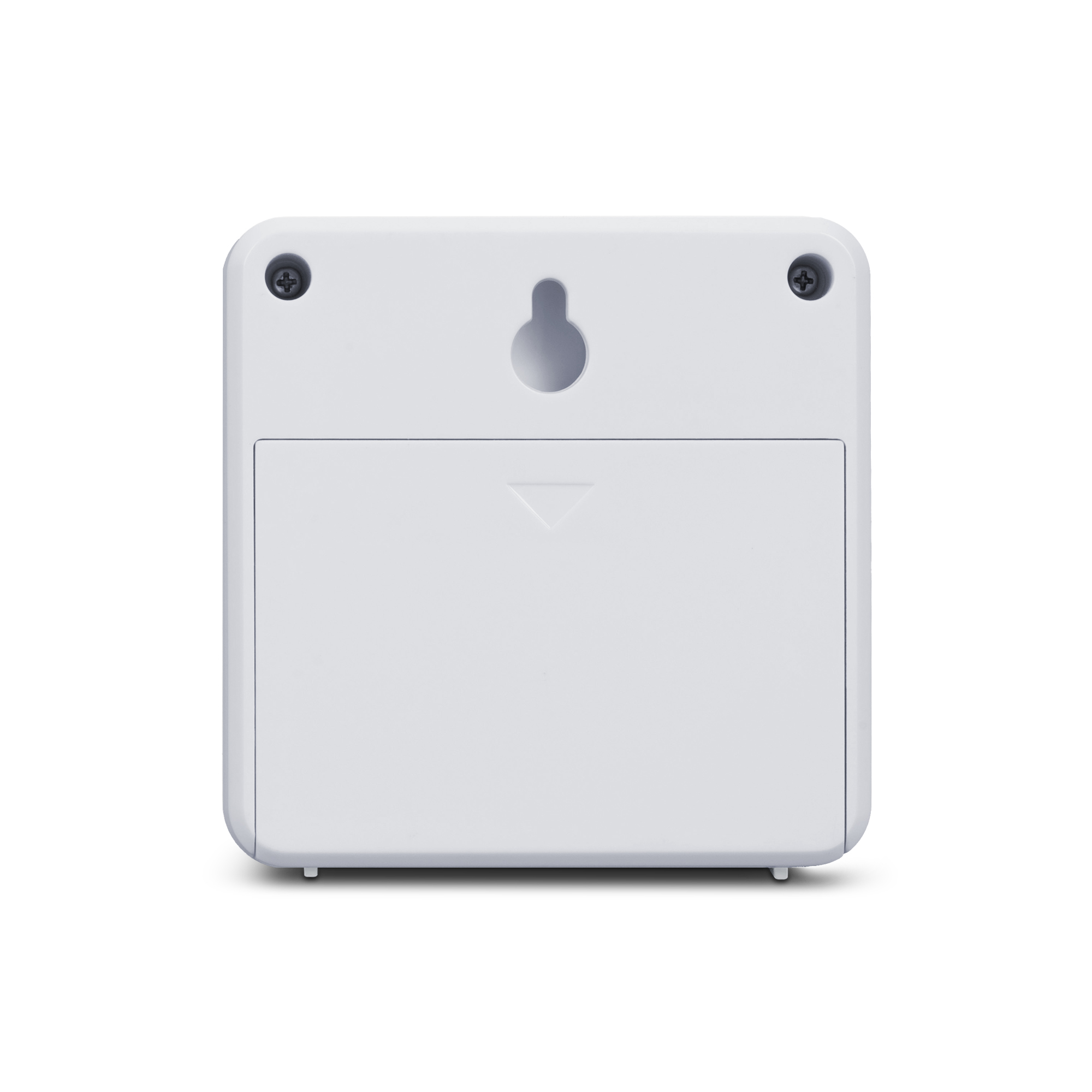 Reverso blanco de un dispositivo con tornillos y colgador.