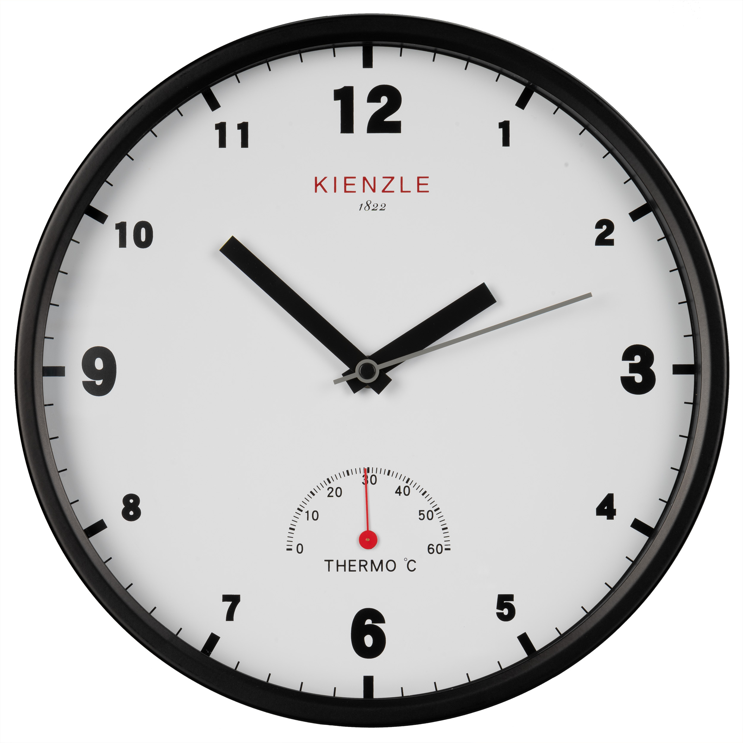 Un reloj Kienzle redondo con marco negro, esfera blanca y termómetro.