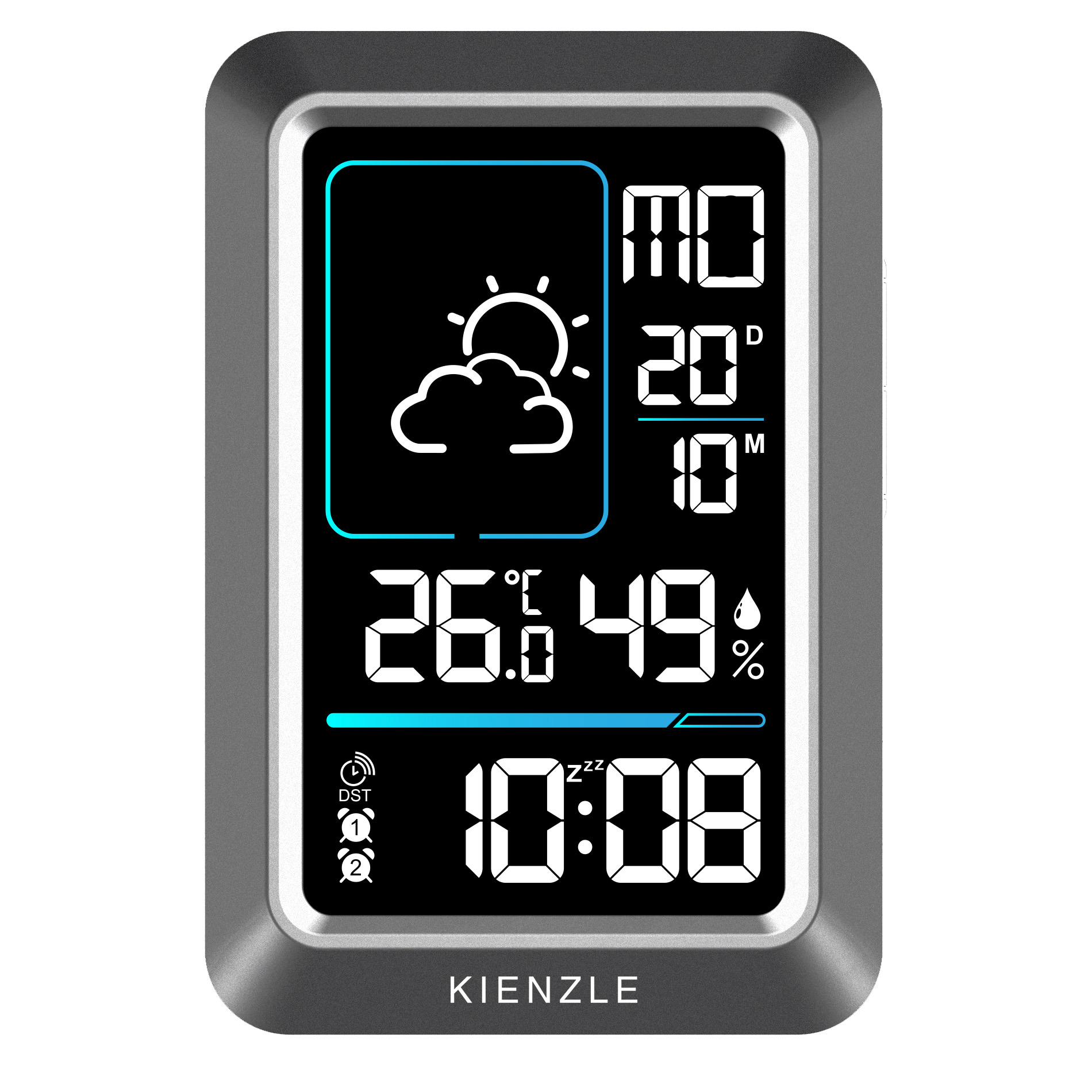 Digitaluhr zeigt Wetter: Sonne/Wolke, 20°C, 10°C, 26.0°C, 49%, Zeit 10:08.
