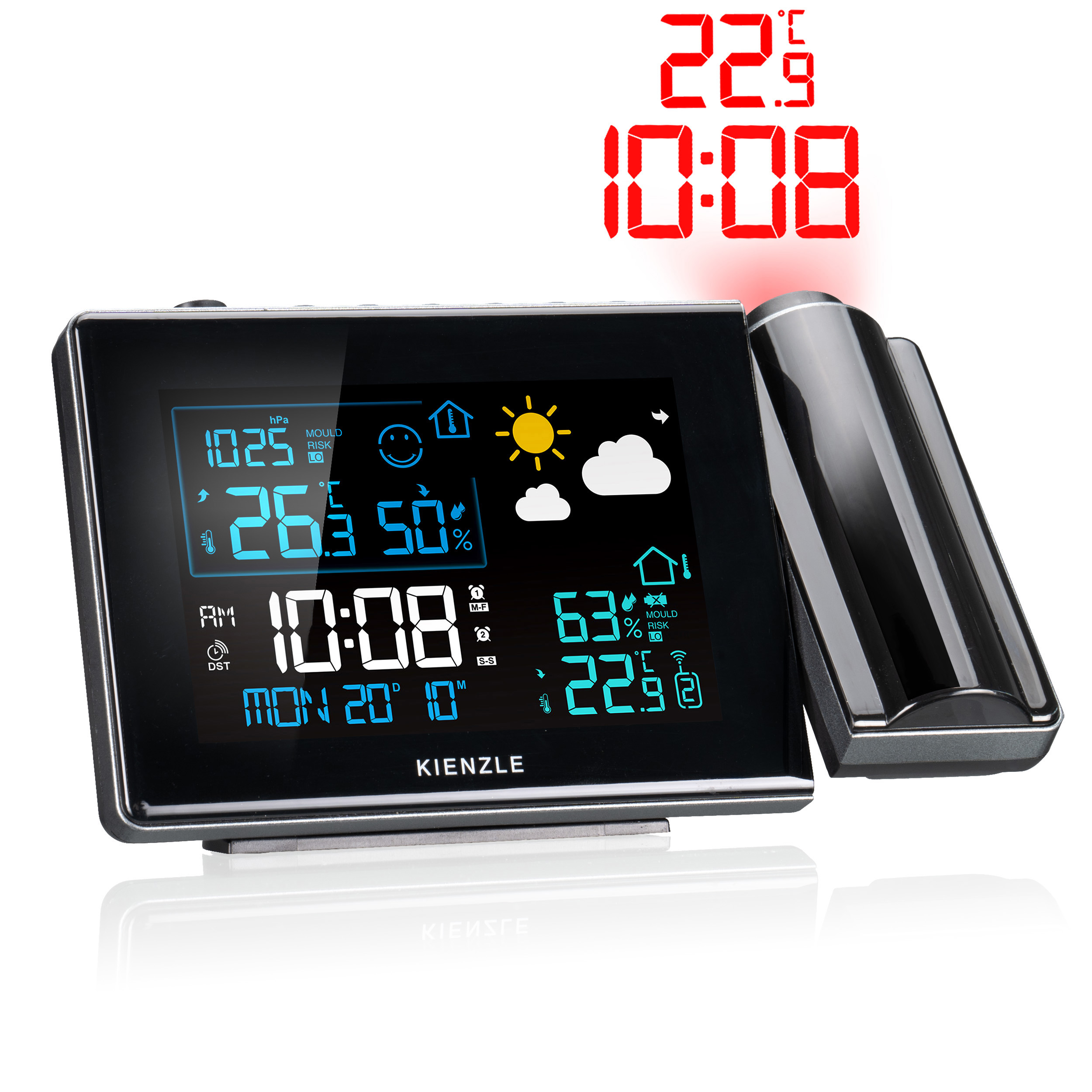 Digitaluhr mit Wetteranzeige, zeigt 22.9°C, 10:08 Uhr und Mondrisiko.