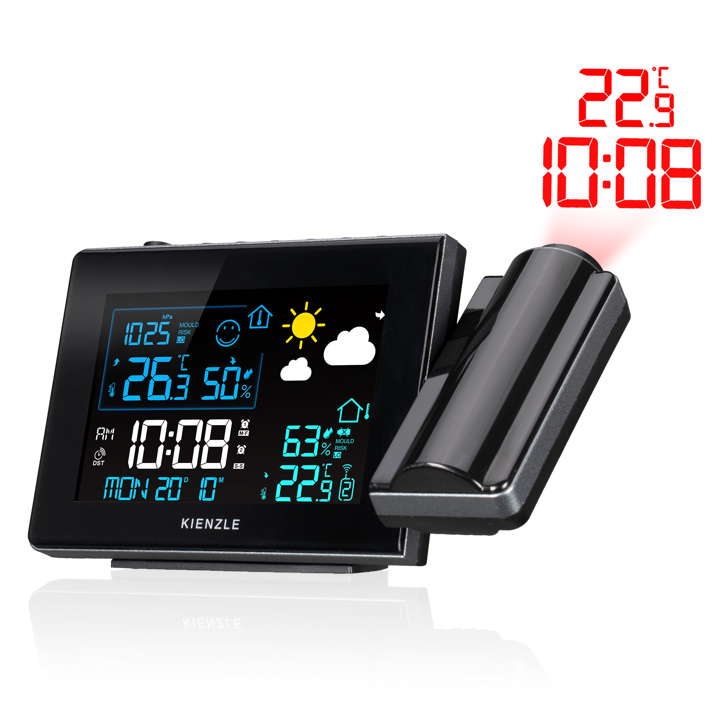Digitaluhr mit Wetteranzeige, projiziert Zeit und Temperatur.