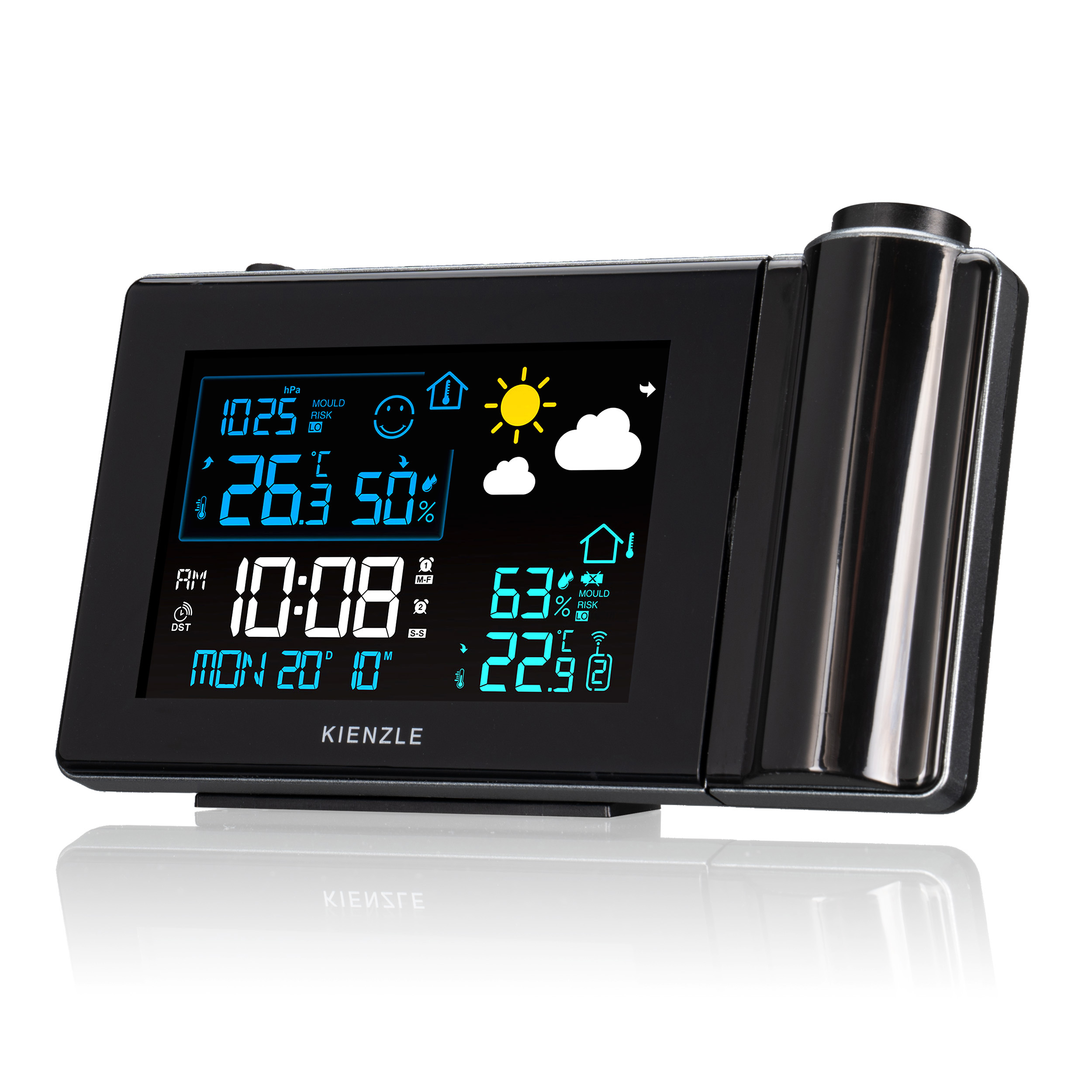 Digitaluhr mit Wetteranzeige: 26.3°C, 50% Luftfeuchtigkeit, 10:08 Uhr.