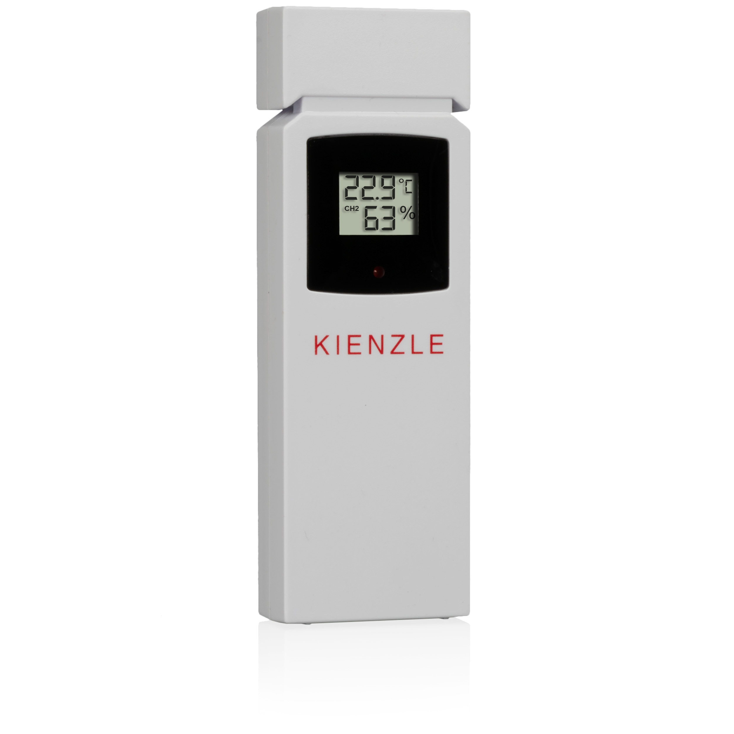 Ein weier Kienzle-Thermo-Hygrometer zeigt 22,9 C und 63% Luftfeuchtigkeit an.