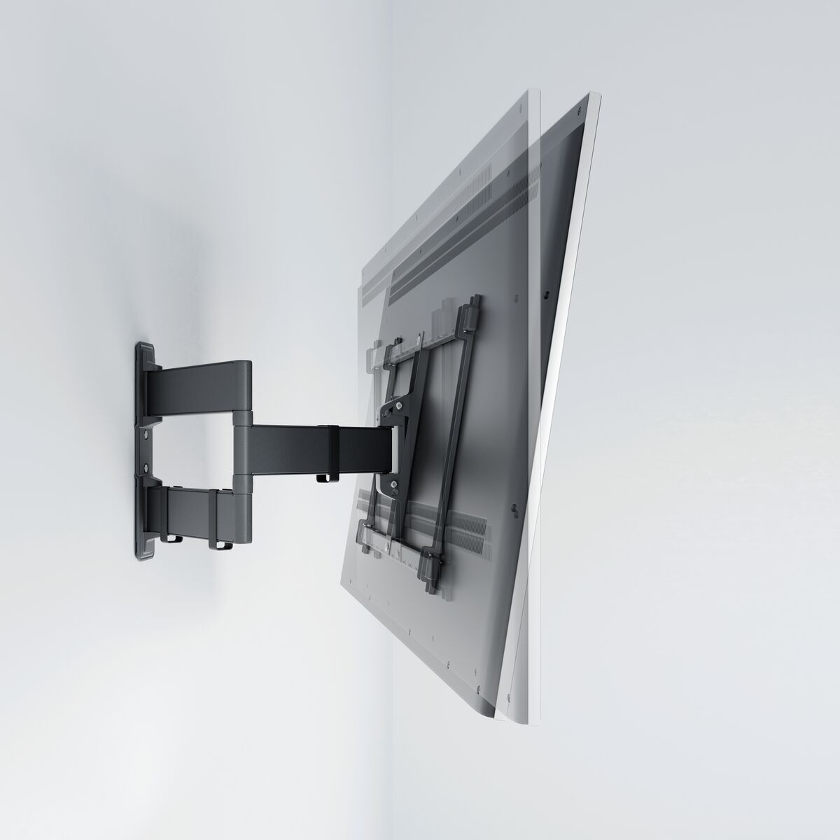 Czarny przegubowy uchwyt ścienny do telewizora zamontowany na białej ścianie.