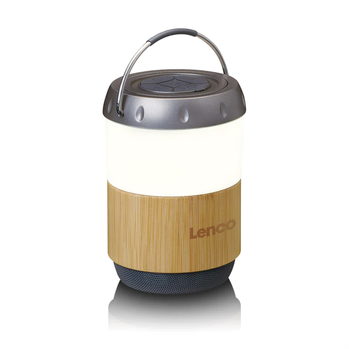 Una lampada Lenco con design in legno, manico e altoparlante Bluetooth.
