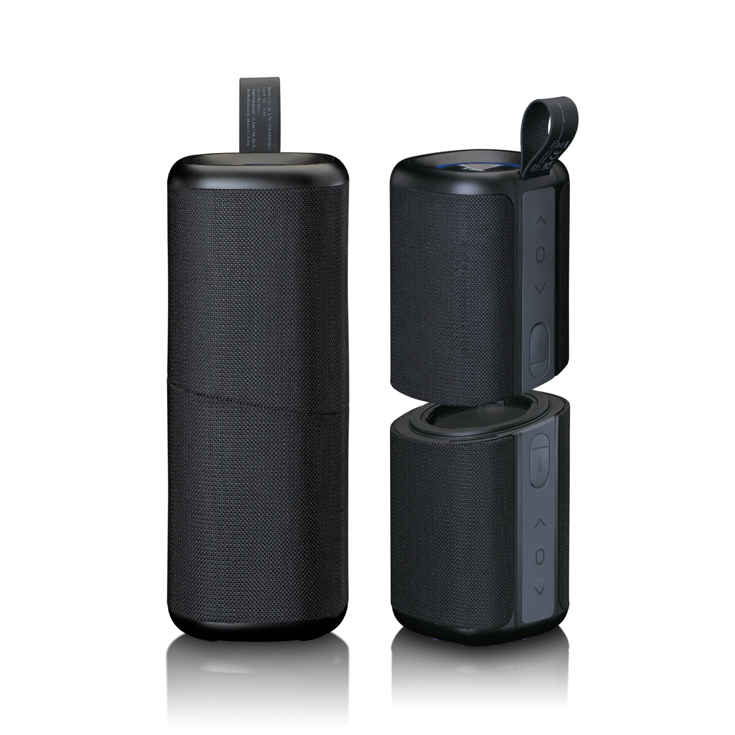 Dwa czarne głośniki Bluetooth, jeden cały, jeden rozłożony.