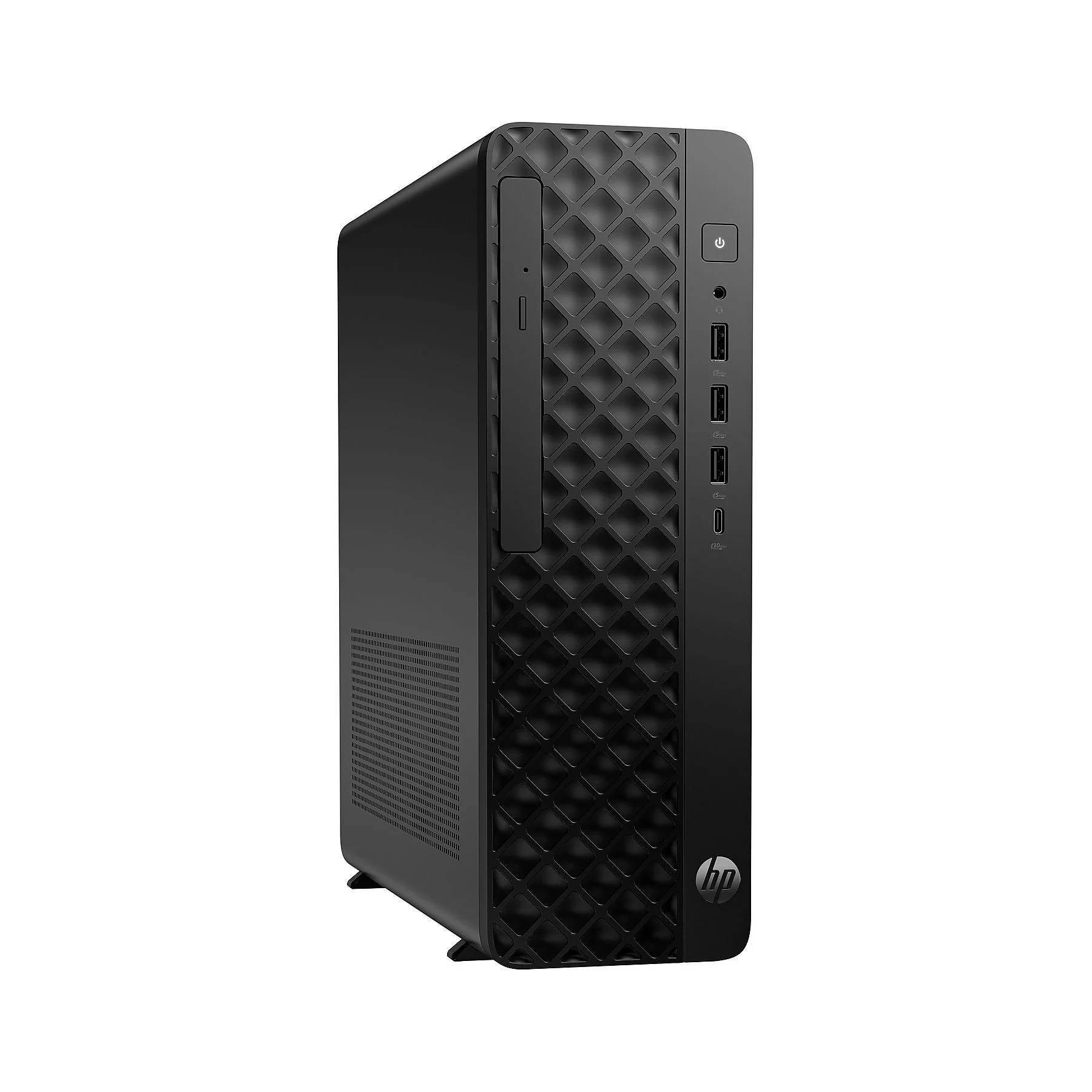 Computer desktop HP nero con fessure di ventilazione e porte USB anteriori.