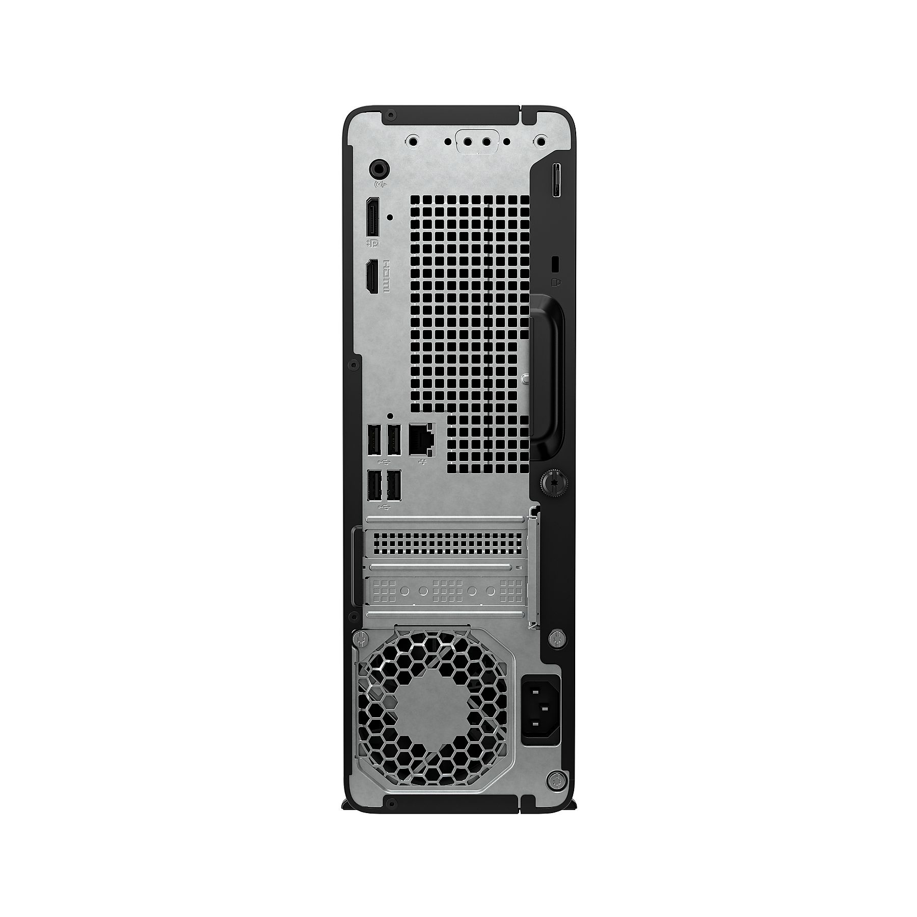 Retro di un computer nero con porte, ventola e maniglia.