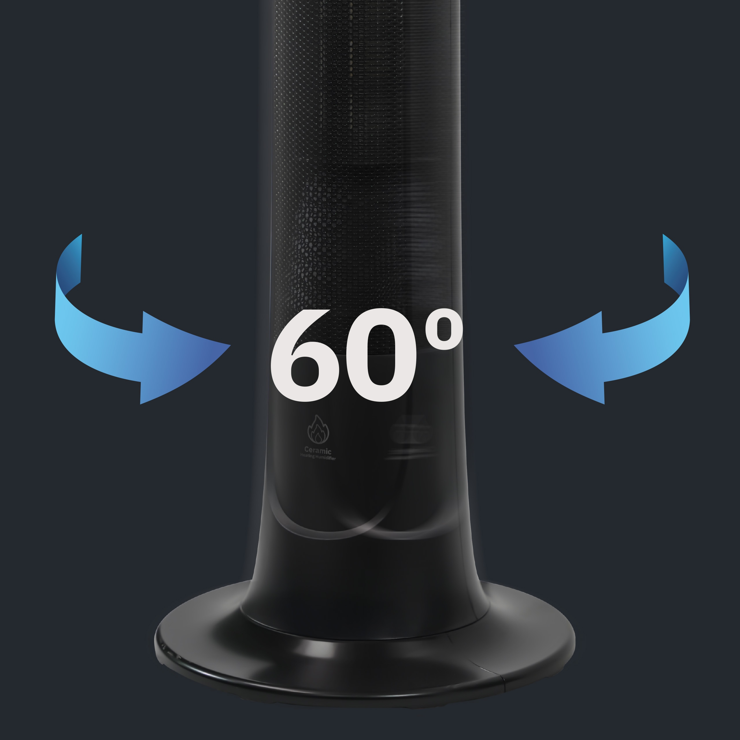 Czarny wentylator wieżowy z oscylacją 60 stopni i niebieskimi strzałkami.