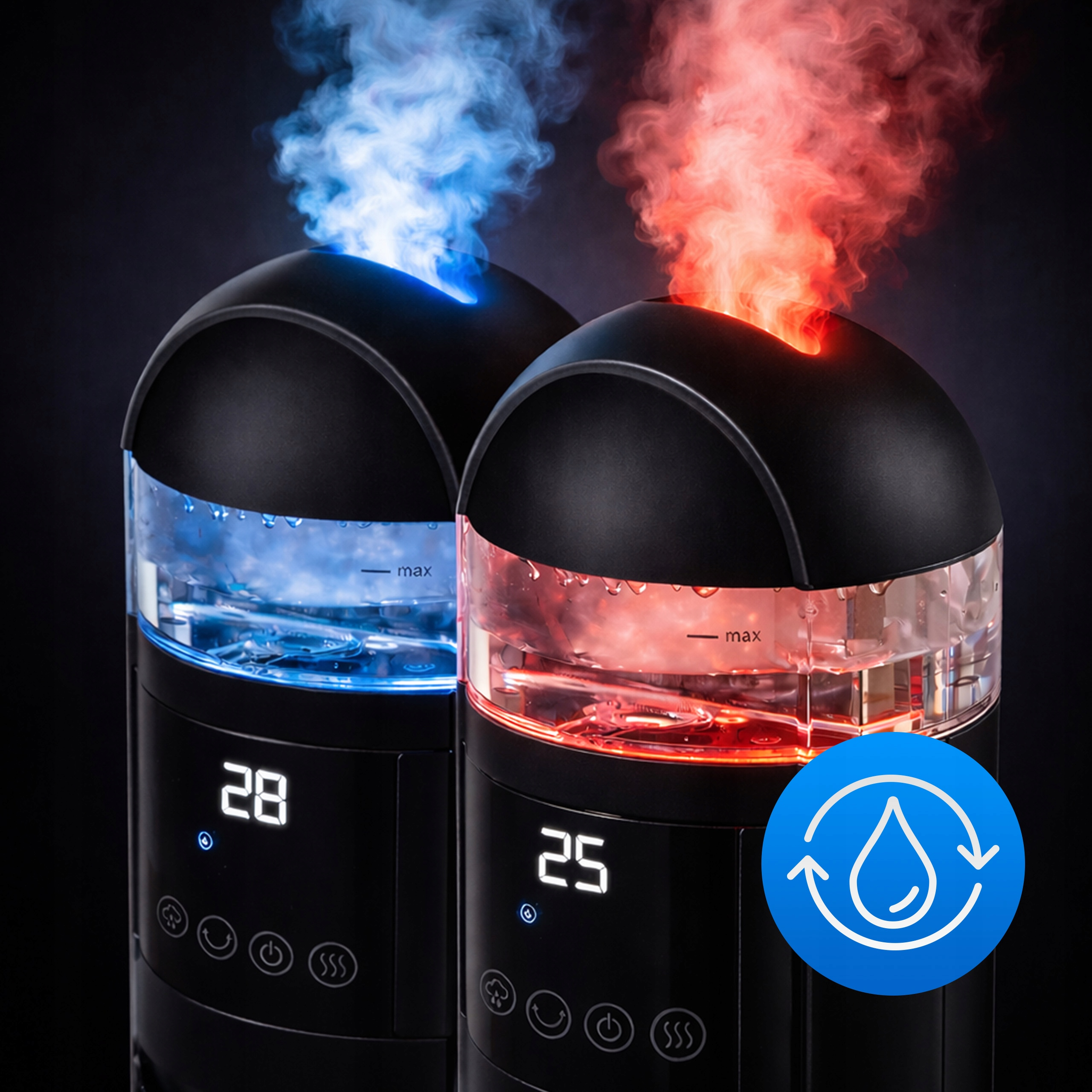 Dwa czarne nawilżacze emitujące niebieską i czerwoną parę, z cyfrowymi wyświetlaczami.