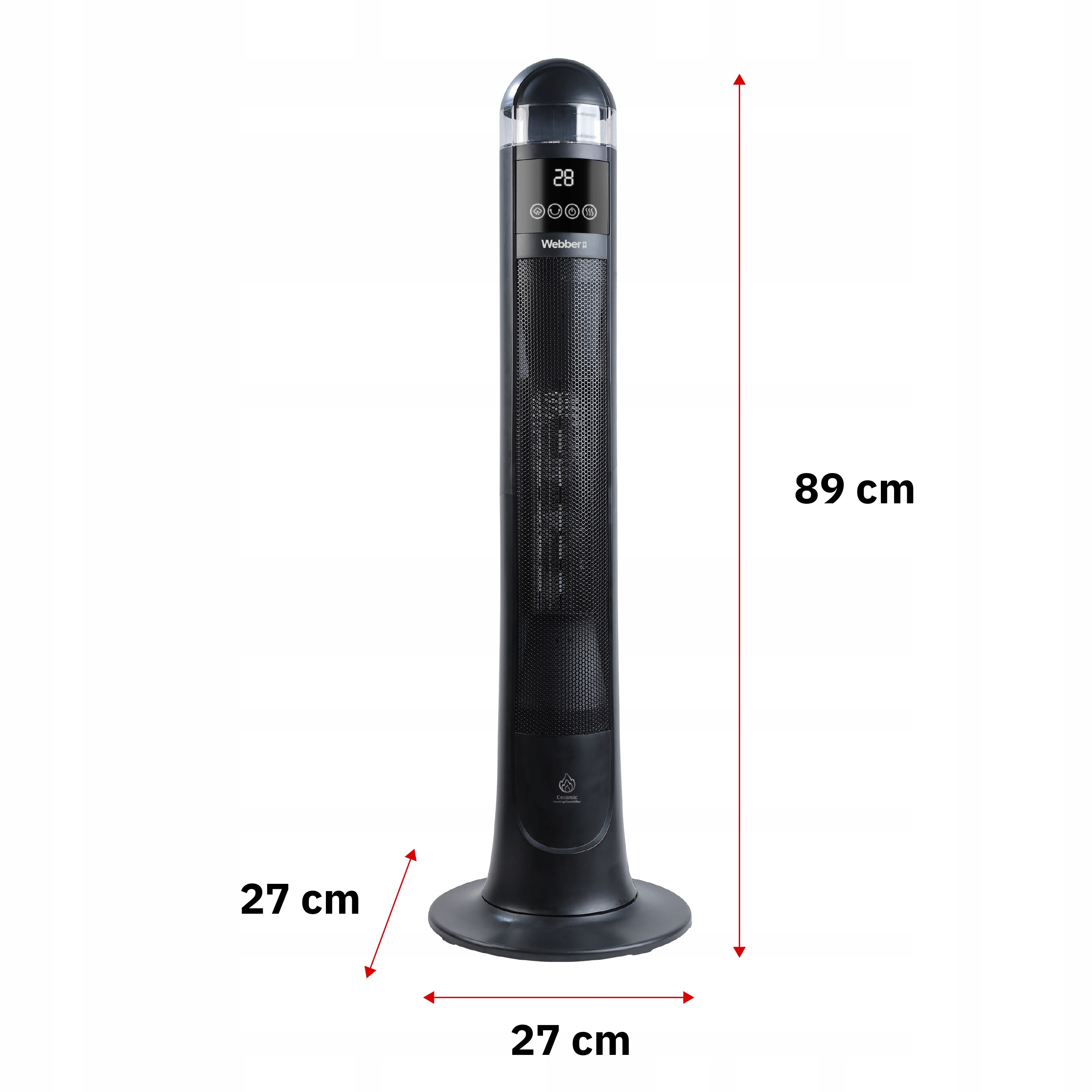 Czarny wentylator wieżowy z cyfrowym wyświetlaczem, wysoki na 89cm.